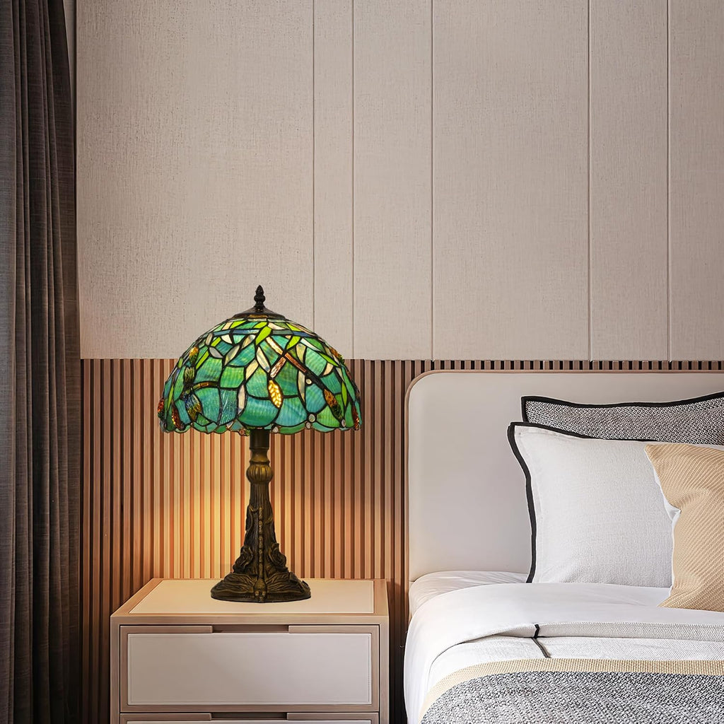 Skyblaze Tiffany Style Table Lamp, Stained Glass Desk Lamp, Vintage Dragonfly Night Light, 11.8 Inch Reading Light with Handmade Lampshade for Bedroom Living Room (Green)