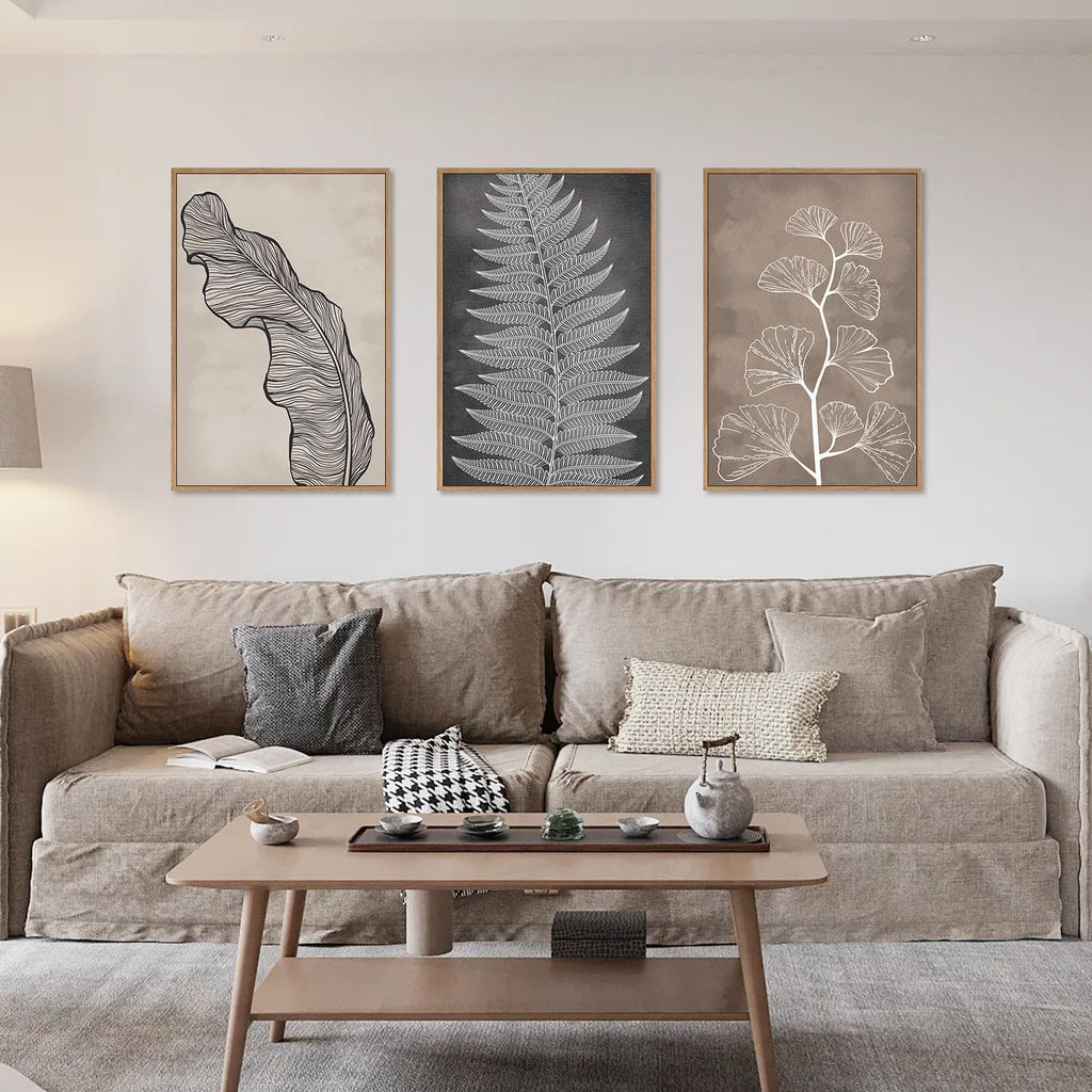 HLNIUC Botanical Neutral Framed Wall Art Set, Abstract Fern Leaf Canvas Wall Decor, Vintage Rustic Plant Wall Painting, Black Beige Nature Art Print for Living Room, Bedroom, Office - 24'x36'x3