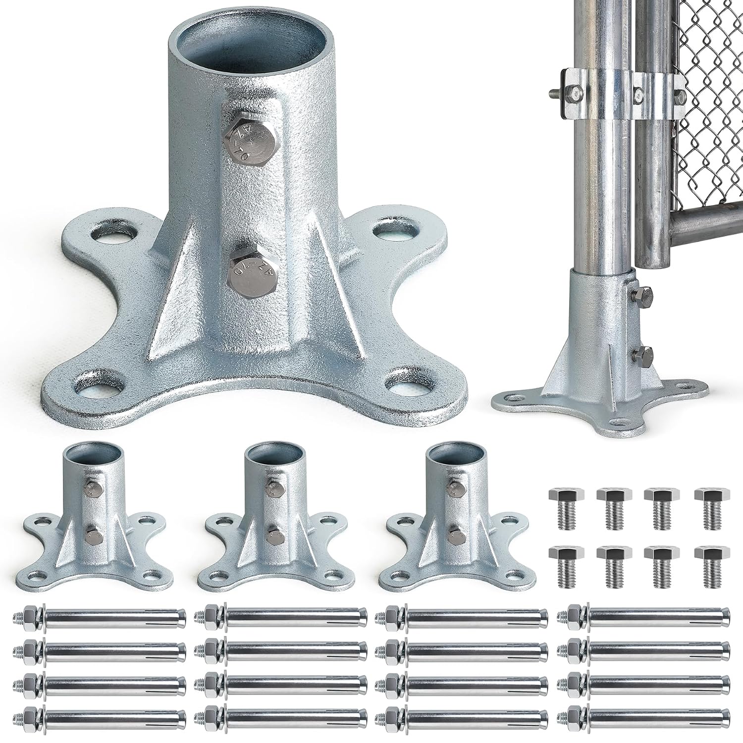 Post 2' (1 7/8' OD) Chain Link Fence Post Floor Flange Bracket, for Chain Link Fence Posts, Mailboxes, and Other Steel Round Post Galvanized Anchor Flange Bases (4 Pack)