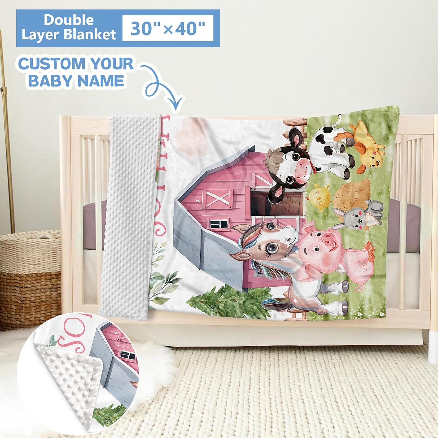 KAINSY Personalized Baby Bedding Set, 5 Pcs Custom Crib Set With Name, Double Layer Nursery Bedding, Soft Farm Animal Set for Boy Girls, Customized Gift for Toddler Infant