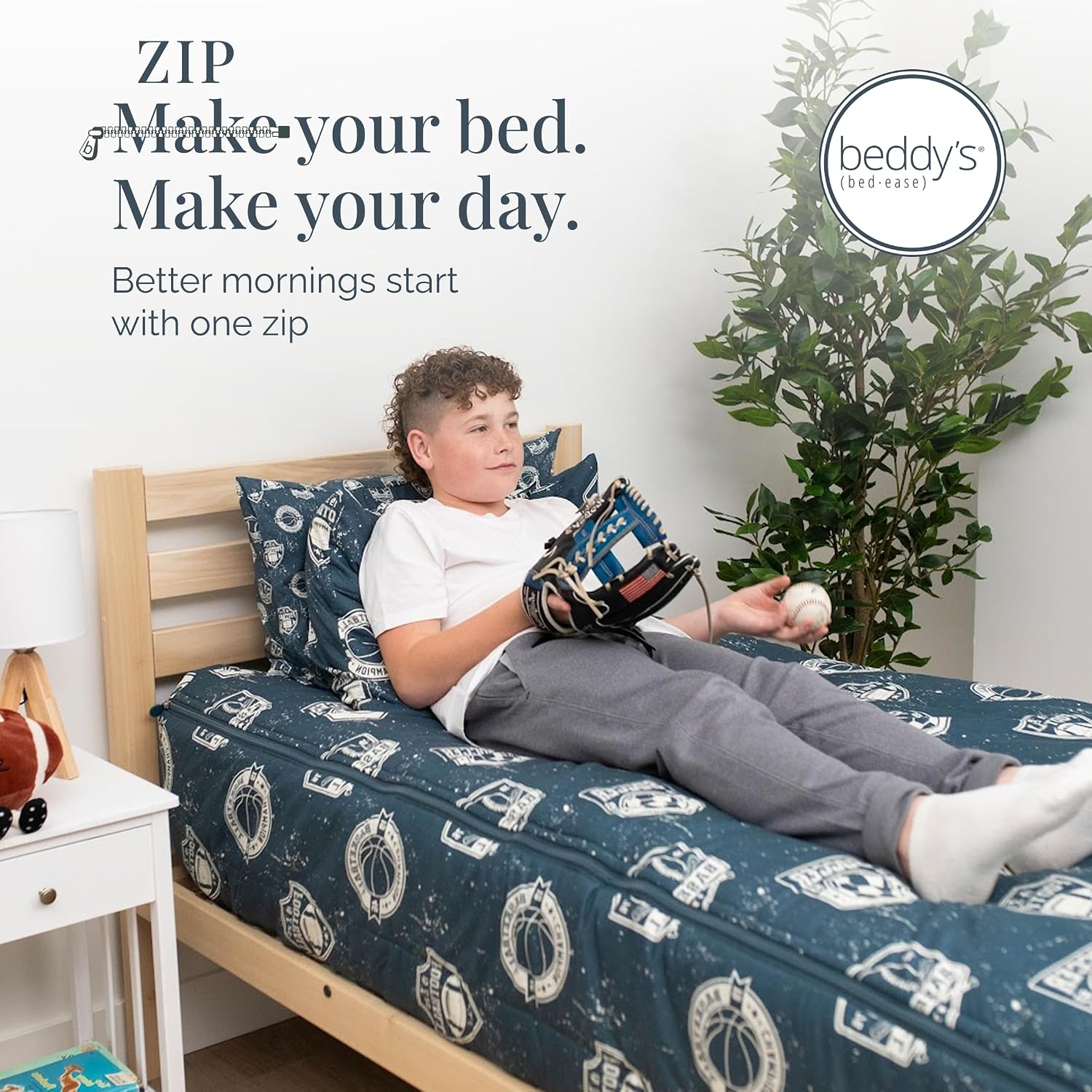 Beddy's Sports Theme Durable Zipper Bedding for Kids - Bed in a Bag - Blue Sheets with Baseball, Football, Basketball, Soccer Comforter - Includes Pillowcase & Sham - Easy to Make & Wash - Full