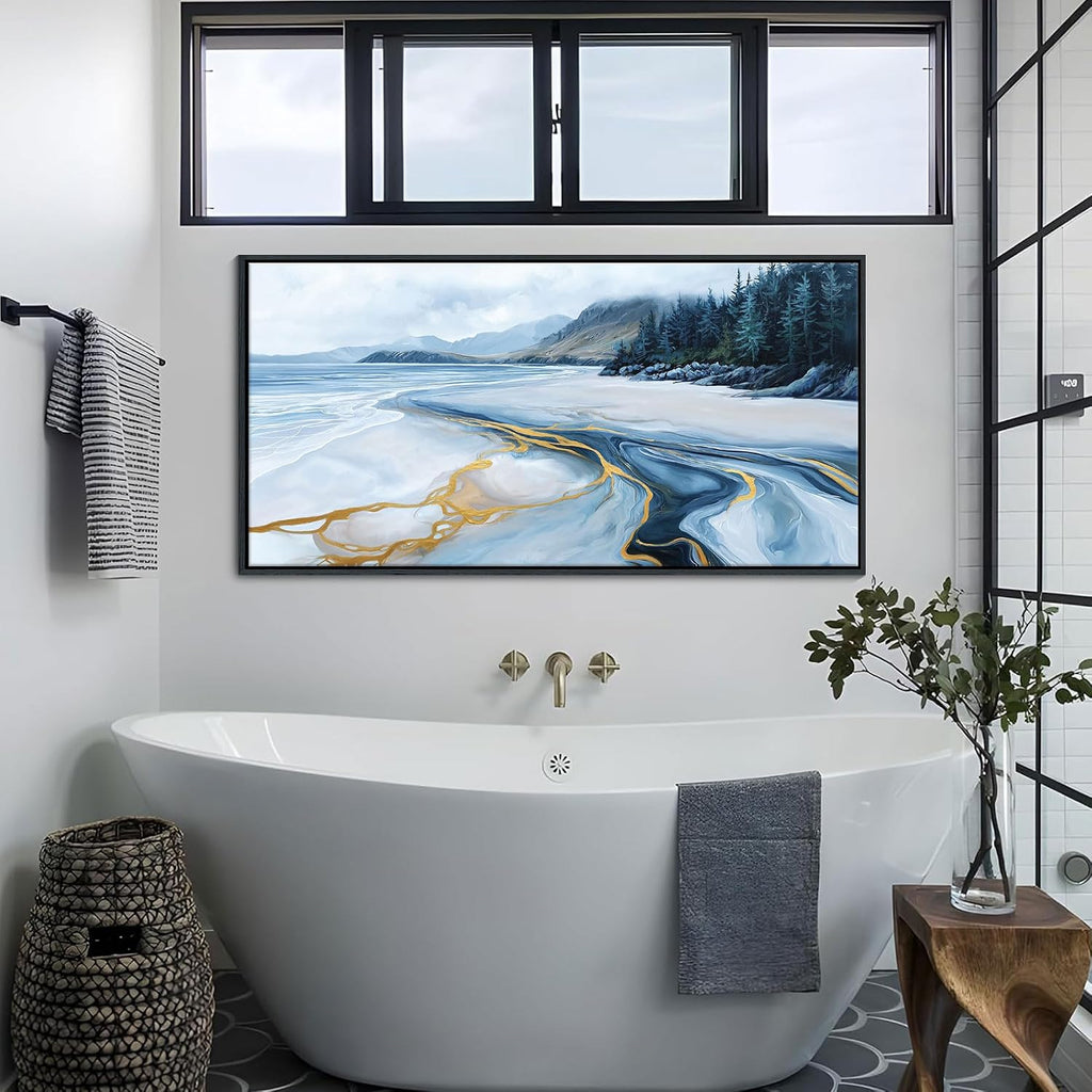 Blue and Gold Abstract Wall Art - Ocean Beach Pictures for Living Room Coastal Bedroom Paintings for Wall Decor Framed Landscape Artwork for Walls large Modern Decoration 24×48IN