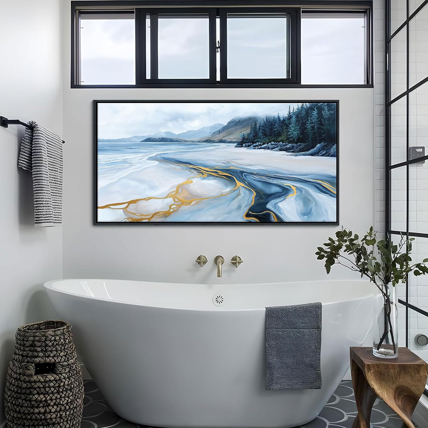Blue and Gold Abstract Wall Art - Ocean Beach Pictures for Living Room Coastal Bedroom Paintings for Wall Decor Framed Landscape Artwork for Walls large Modern Decoration 24×48IN