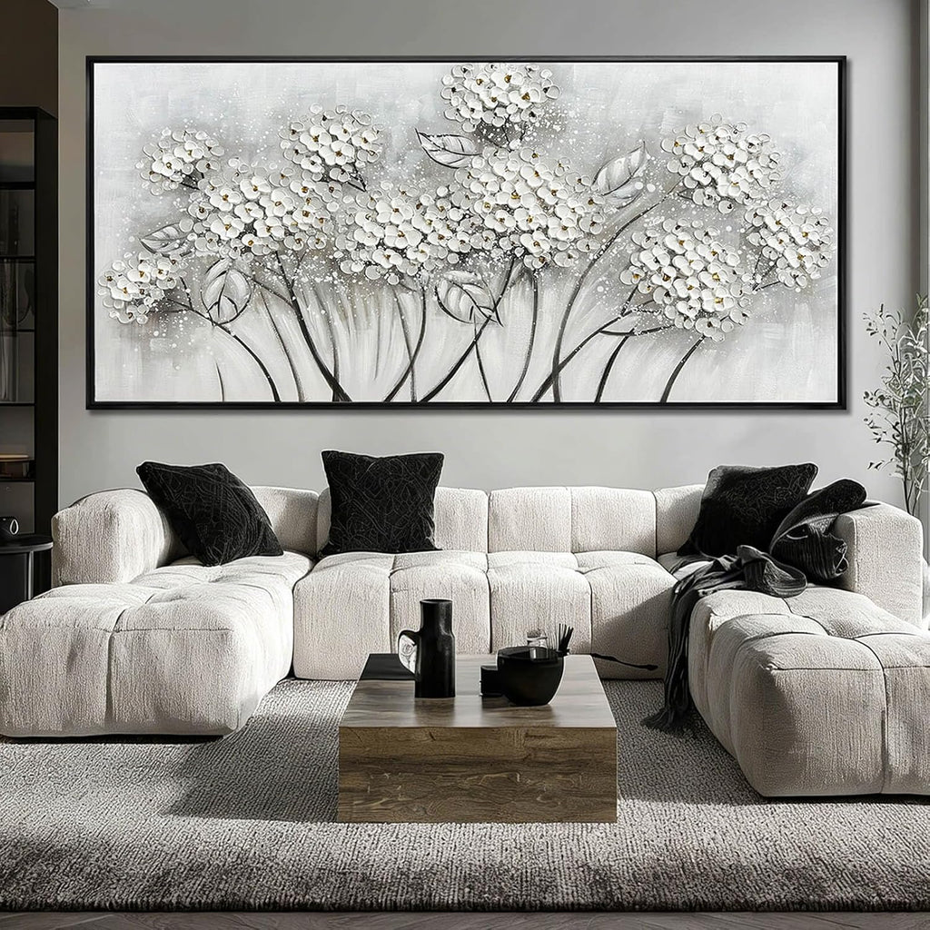 Kureful Grey and White Hand Painted Wall Art Flower Canvas Artwork Contemporary Oil Paintings 40'x86' Decorations for Bedroom Office