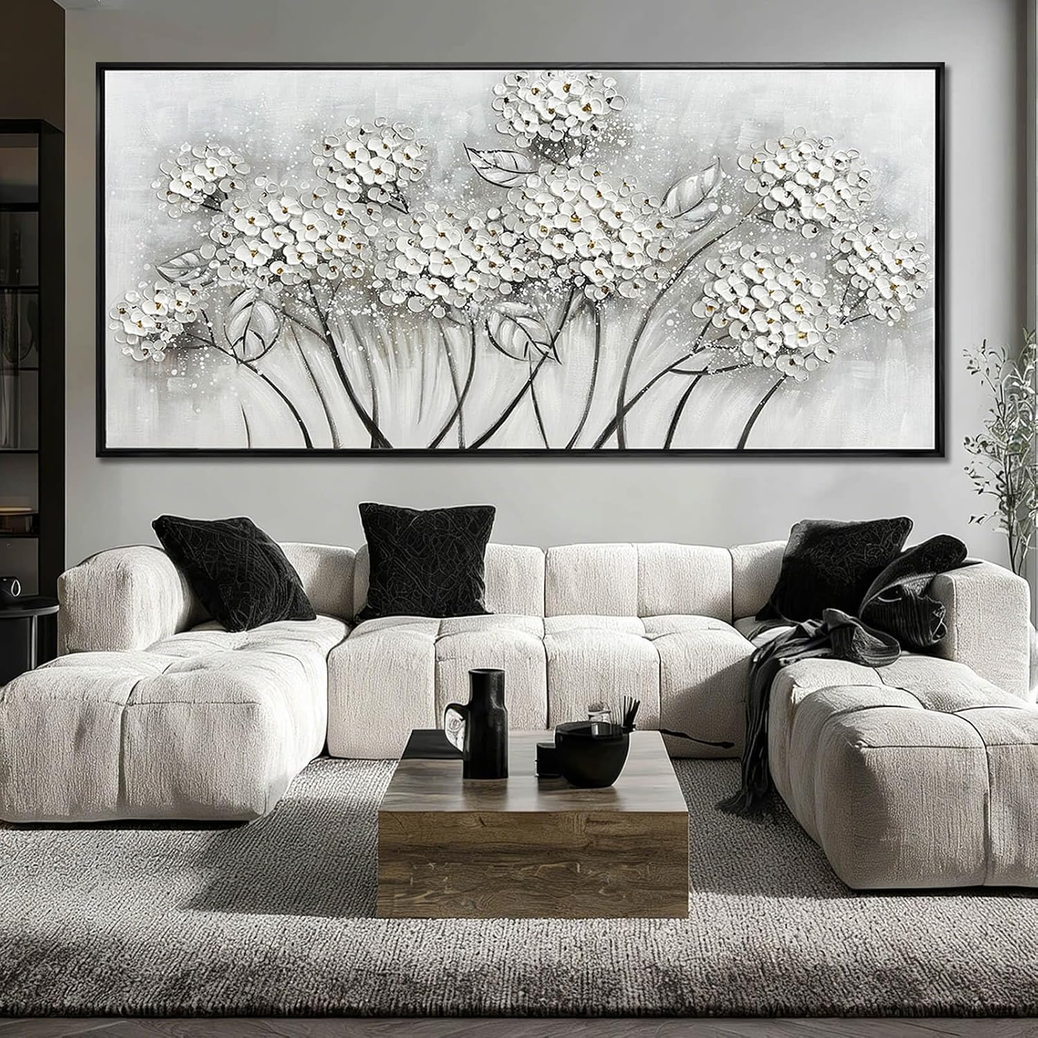 Kureful Grey and White Hand Painted Wall Art Flower Canvas Artwork Contemporary Oil Paintings 40'x86' Decorations for Bedroom Office