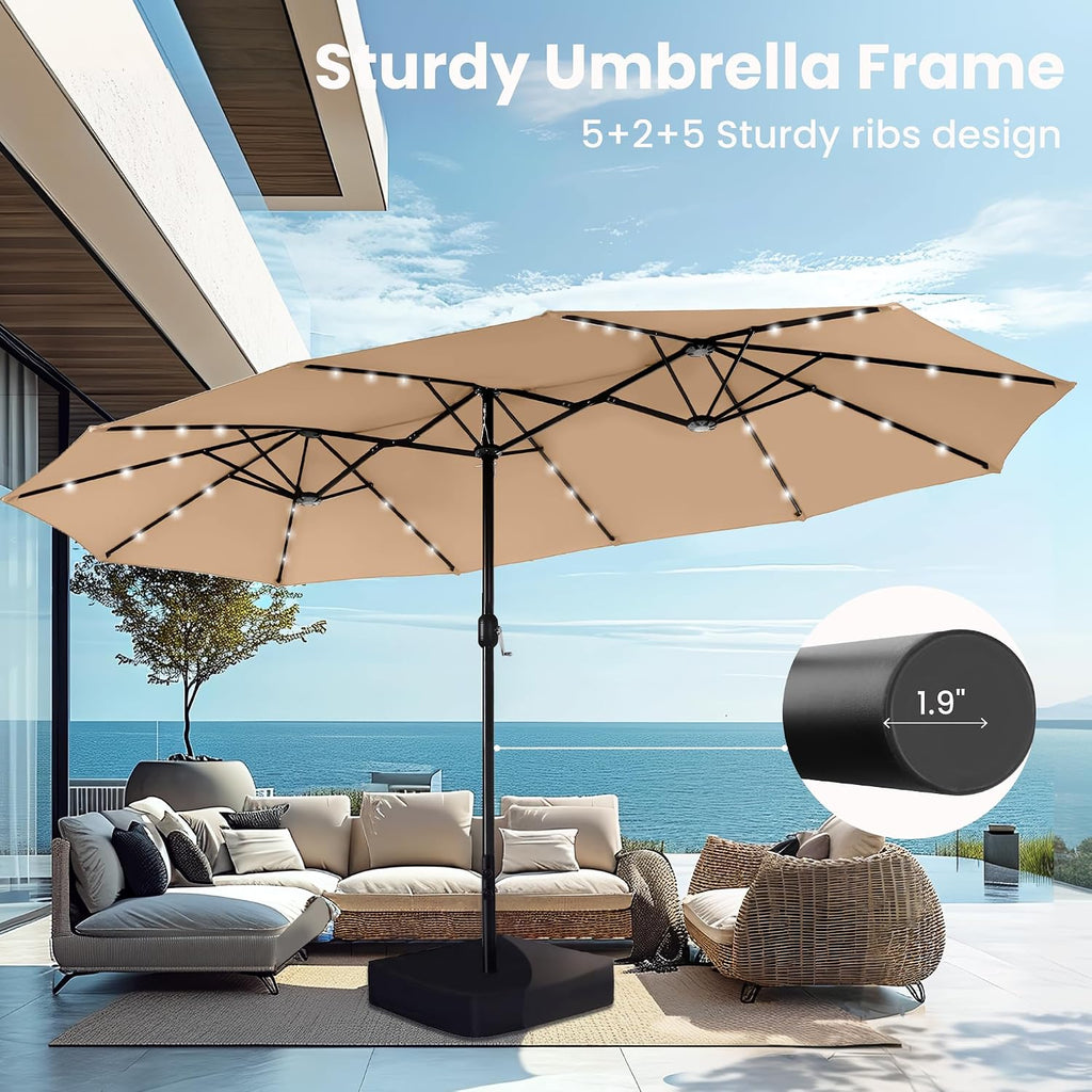 PHI VILLA 15ft Large Patio Umbrella with Base & Solar Lights, Double-Sided Outdoor Rectangle Umbrellas with 36 LED Lights, Umbrella for Outside with Stand, Beige