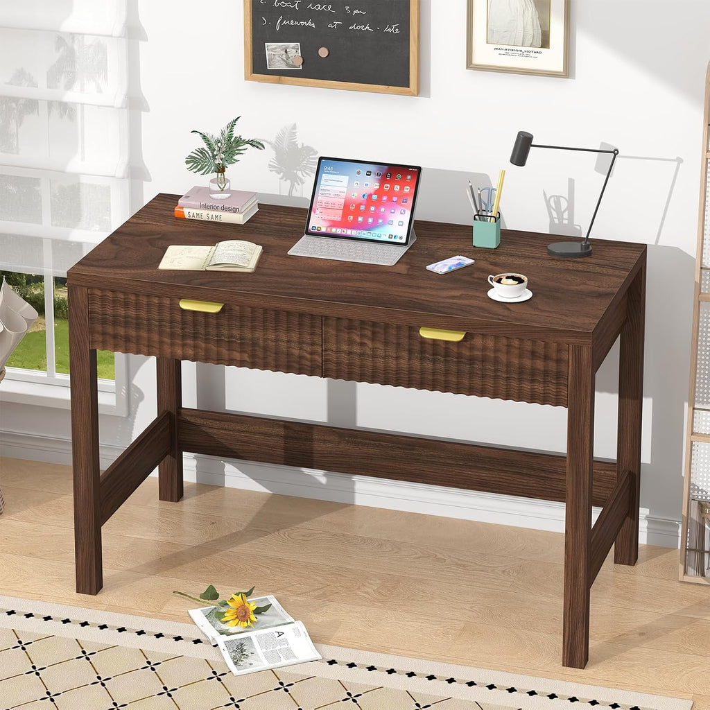 YOMILUVE Fluted Computer Desk with 2 Drawers, 39 Inch Small Computer Desk with Storage, Compact Writing Study Desk for Small Spaces, Walnut