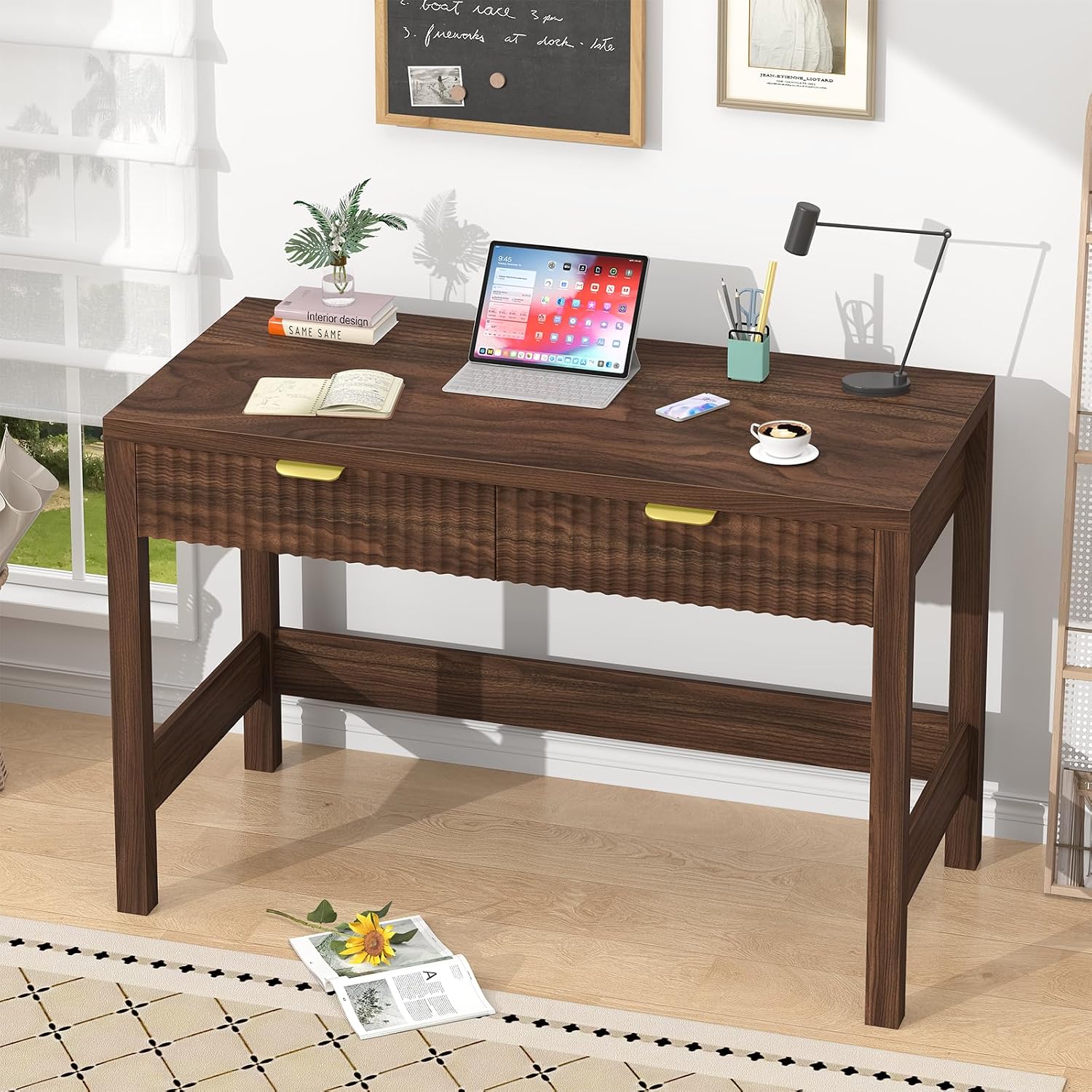 YOMILUVE Fluted Computer Desk with 2 Drawers, 39 Inch Small Computer Desk with Storage, Compact Writing Study Desk for Small Spaces, Walnut