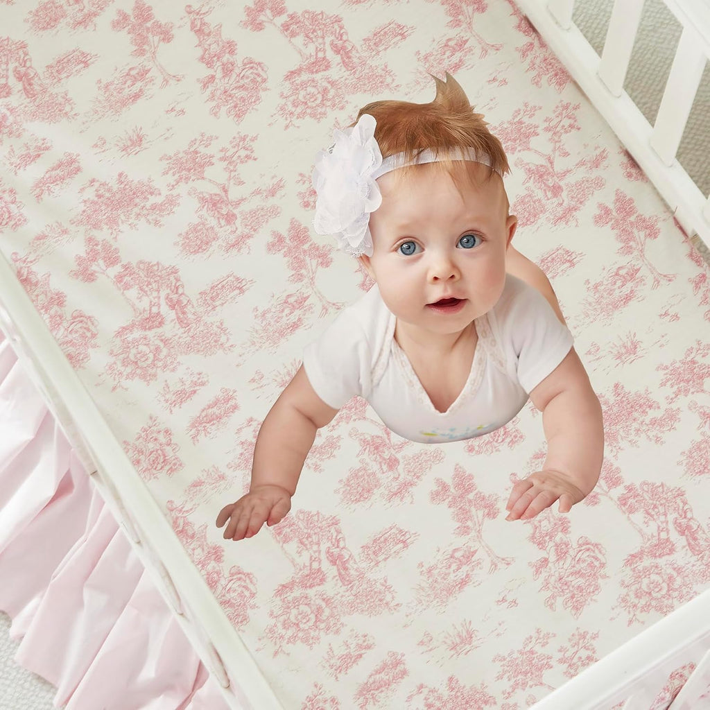 Brandream French Country Toile Crib Bedding Set for Girls Vintage Pink Toile Floral Print 100% Cotton Baby Girl Nursery Bedding Collection - Ruffles Quilt,Toile Crib Sheet,Crib Bed Skirt 3 Pieces