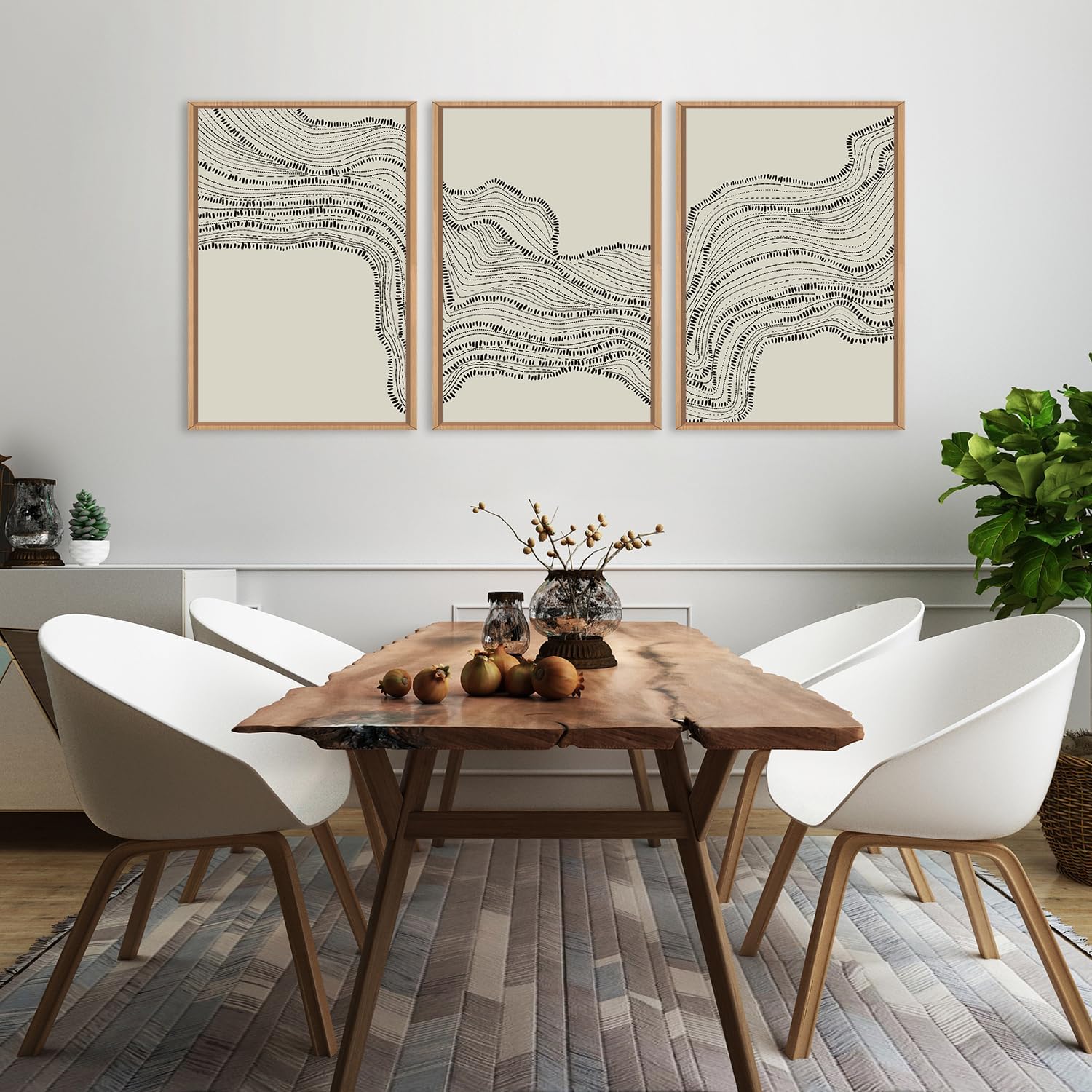 HLNIUC Neutral Abstract Framed Canvas Wall Art Set, Black Beige Wave Line Wall Decor, Large Minimalist Painting, Modern Geometric Art Print for Living Room, Bedroom, Dinning Room, Office - 24'x36'x3