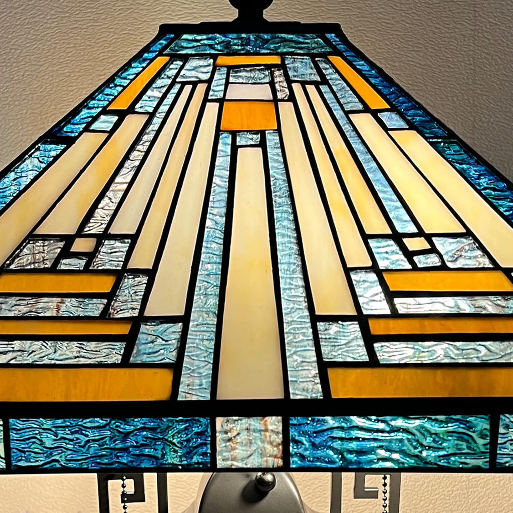 Capulina Tiffany Lamp Stained Glass Table Lamp with Night Light 3-Light 16x16x24 Inches Mother-Daughter Vase Mission Blue Amber Desk Lamp for Home Office Living Room Bedroom
