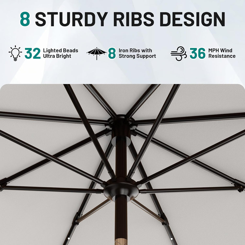 AreShark 12FT Large Patio Umbrella with Solar Lights, Solar Powered Outdoor Umbrella with Crank, Patio Table Market Umbrellas for Garden, Deck, Backyard, Pool and Beach, Light Gray