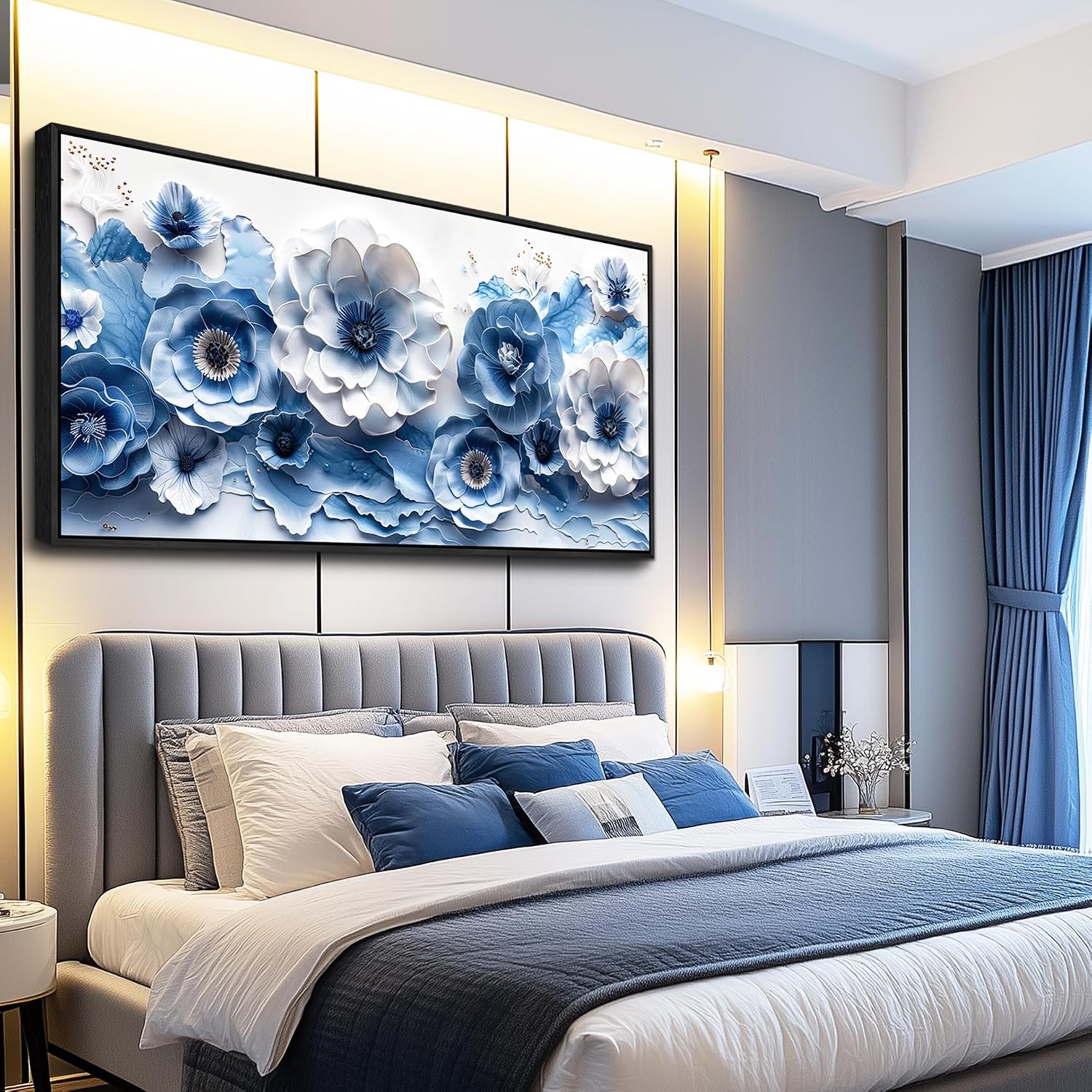 XIGUANGART Large Wall Art for Living Room Blue and White Flower Prints Paintings for Office Modern Black Framed Artwork Floral Pictures Wall Decoration for Bedroom Kitchen Women Aesthetic Home Decor