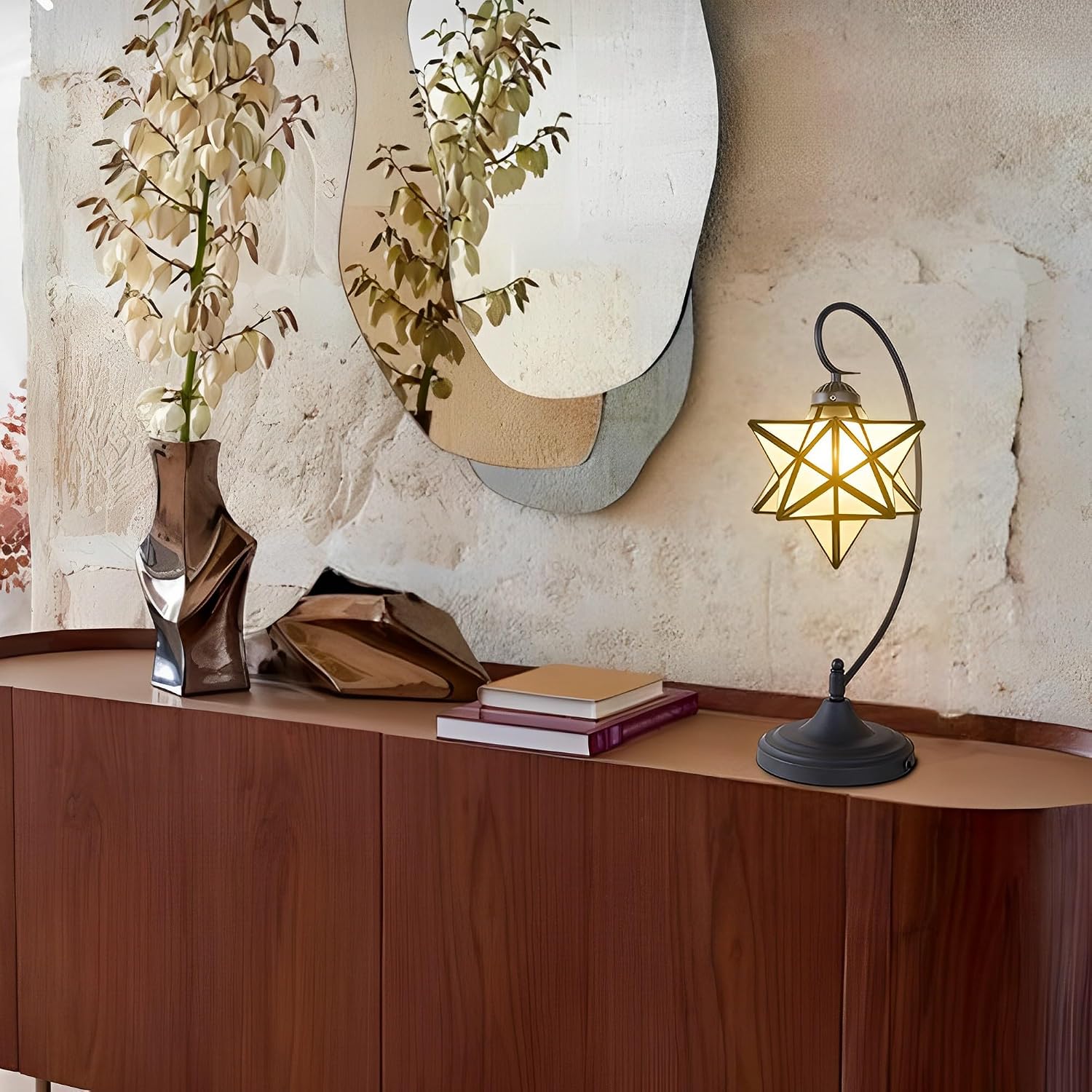 Glass Table Lamp Creative Star Table Light Modern Indoor Desk Light with Plug Bedroom Living Room Hotel Office Table Lamp Bedside Lights Black Metal Base