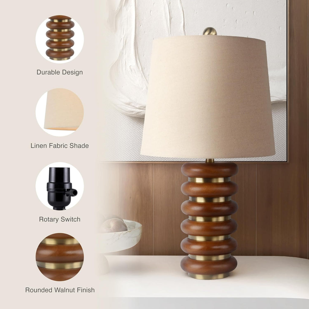 Abani Table Lamp Thalia Stacked Ring 21.5' – Mid-Century Modern Brown Wood Base with Wheat Linen Shade – E26 Bulb Included – Stylish Desk Lamp for Bedroom, Living Room, Dorm or Nightstand