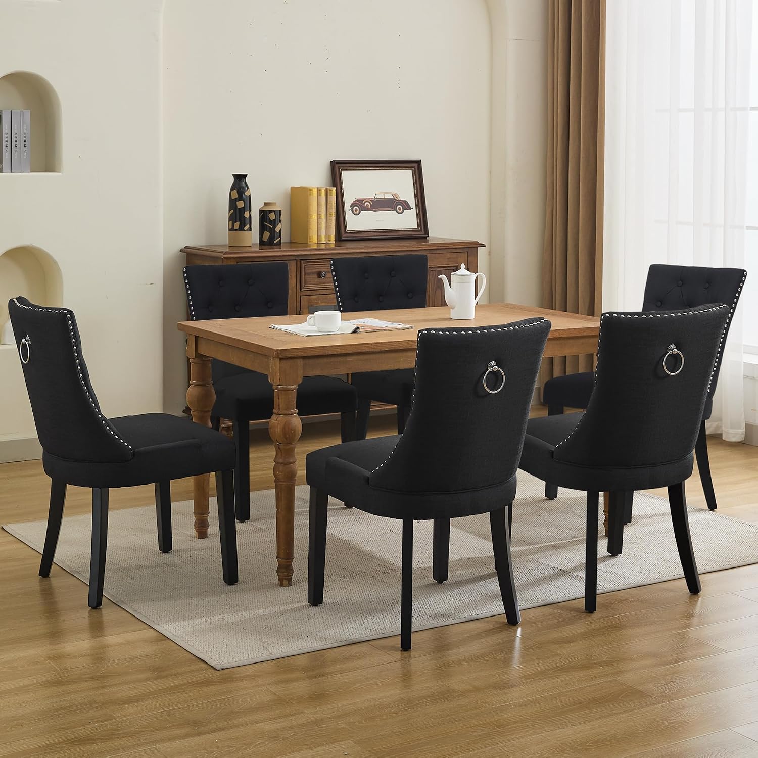 adochr Dining Chairs Set of 4, Modern Mid Century Kitchen Chairs with Wooden Legs & Linen Fabric Back, Dining Room Chairs with Pull Rings & Nailhead Trim, Black
