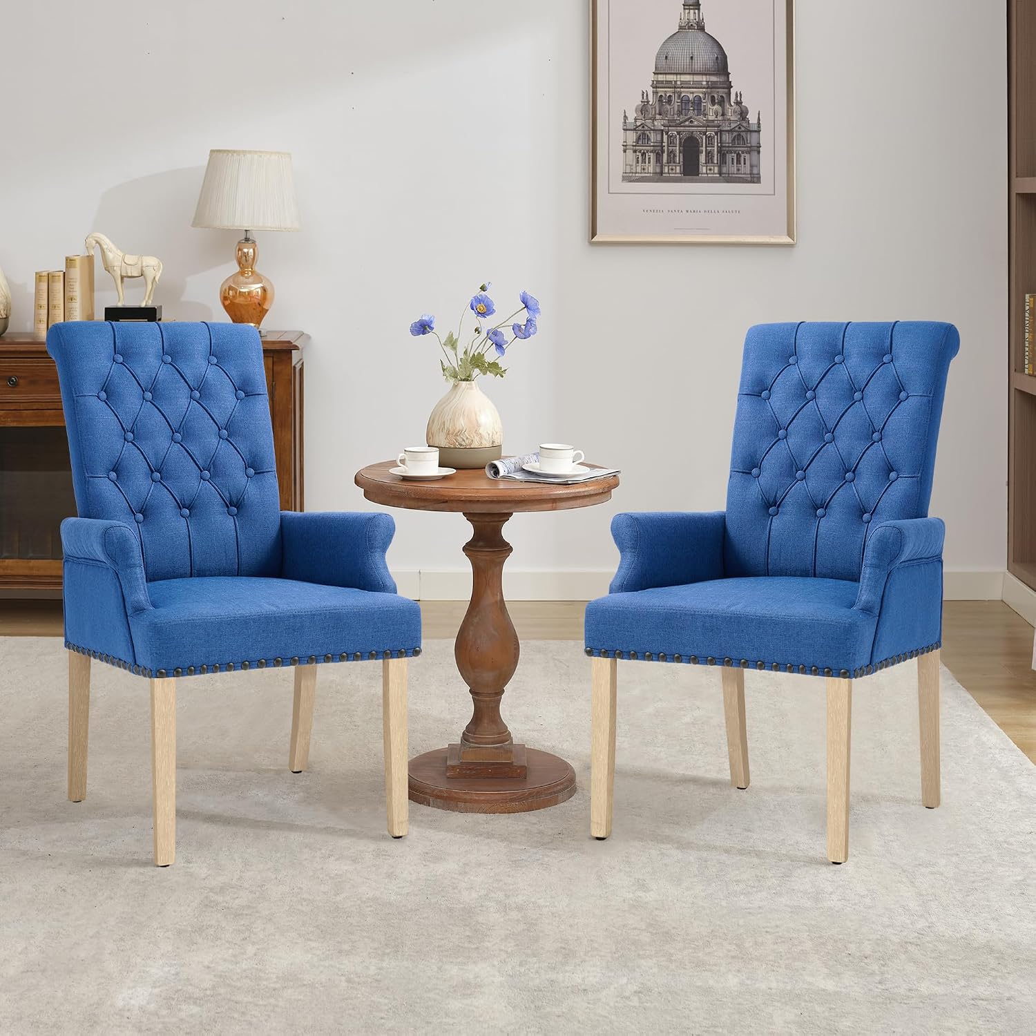 LOULENS Fabric Dining Chairs, Upholstered Tufted Armrest Chairs, Accent Chairs with Nailhead Trim, Solid Wood Legs for Home, Kitchen Living Room, Dark Blue