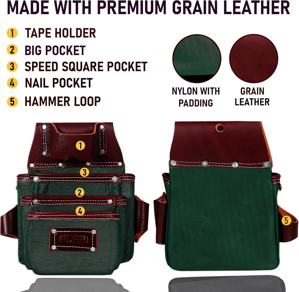 FUERI Electrician's Heavy Duty 26 Pocket Leather-Nylon Tool Belt & Bag Combo for Men, Comfort Back Support Padded Belt, 2 Large Storage Capacity Pouches, Best for Framers, Carpenter, Roofing