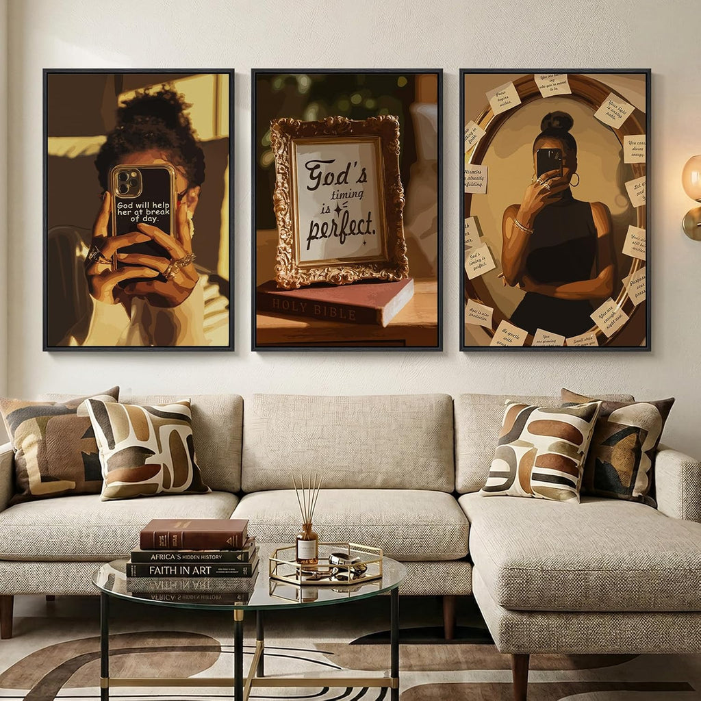 Framed Black Girl Wall Art Set of 3, Large African American Inspirational Canvas Prints, Modern Aesthetic Artwork Painting Pictures for Living Room, Bedroom, Hallway or Dressing Room Decor, 24x36 In