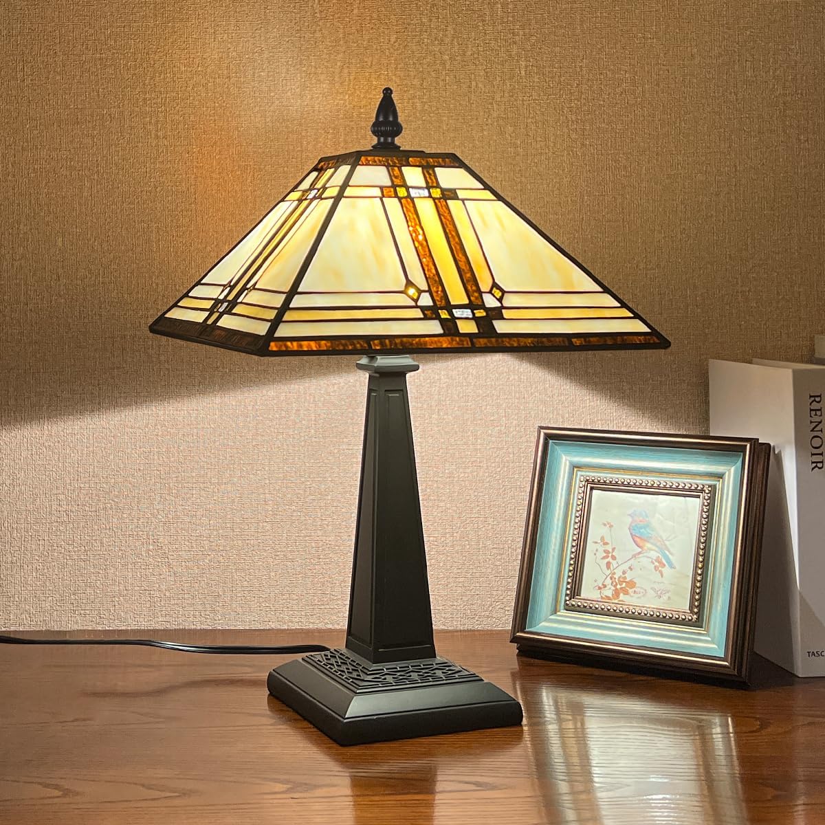 Capulina Tiffany Lamp Stained Glass Table Lamp 12x12x19 Inches Cream Color Tiffany Style Desk Reading Lamp Decor for Home Office Bedroom Living Room