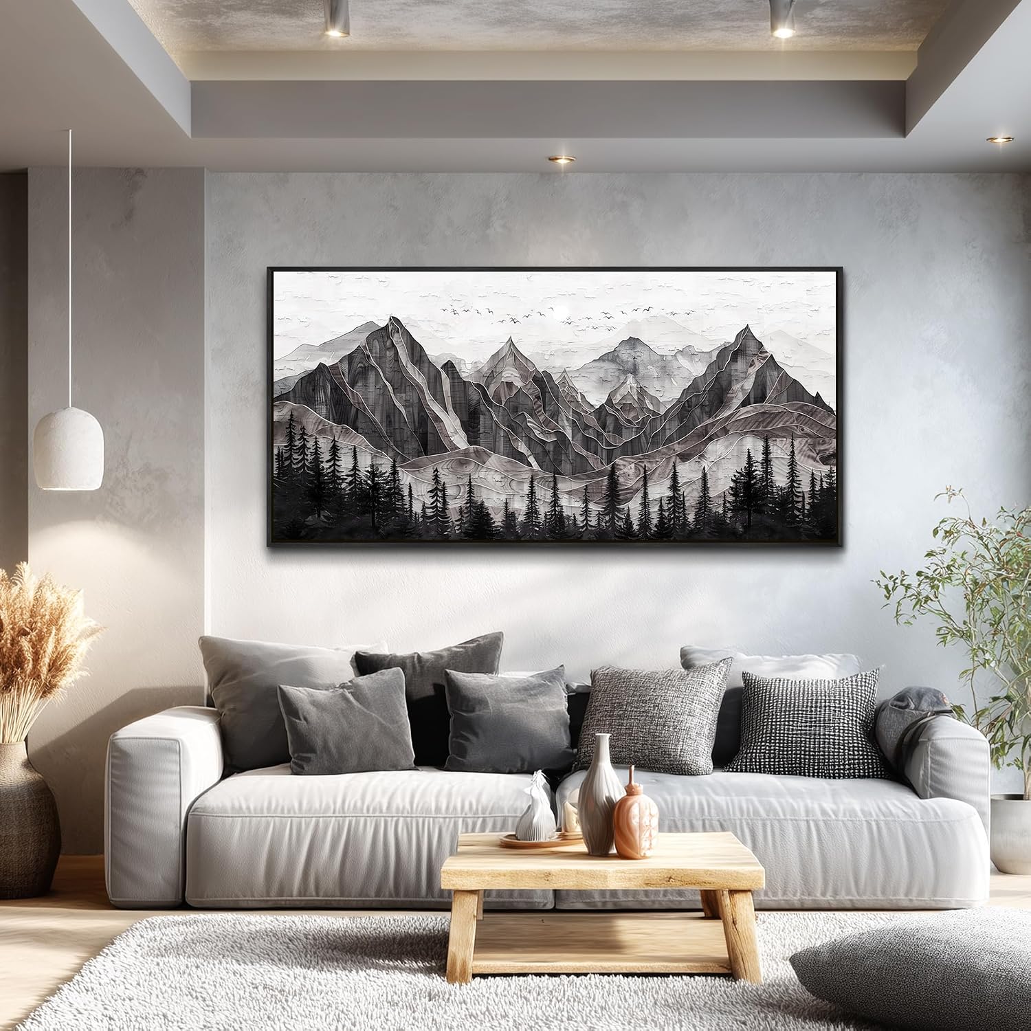 XIGUANGART Large Abstract Mountain Wall Art Black and White Canvas Art Print Painting Forest Nature Watercolour Wall Decor Modern Rustic Landscape Picture for Living Room Bedroom Office Decorations