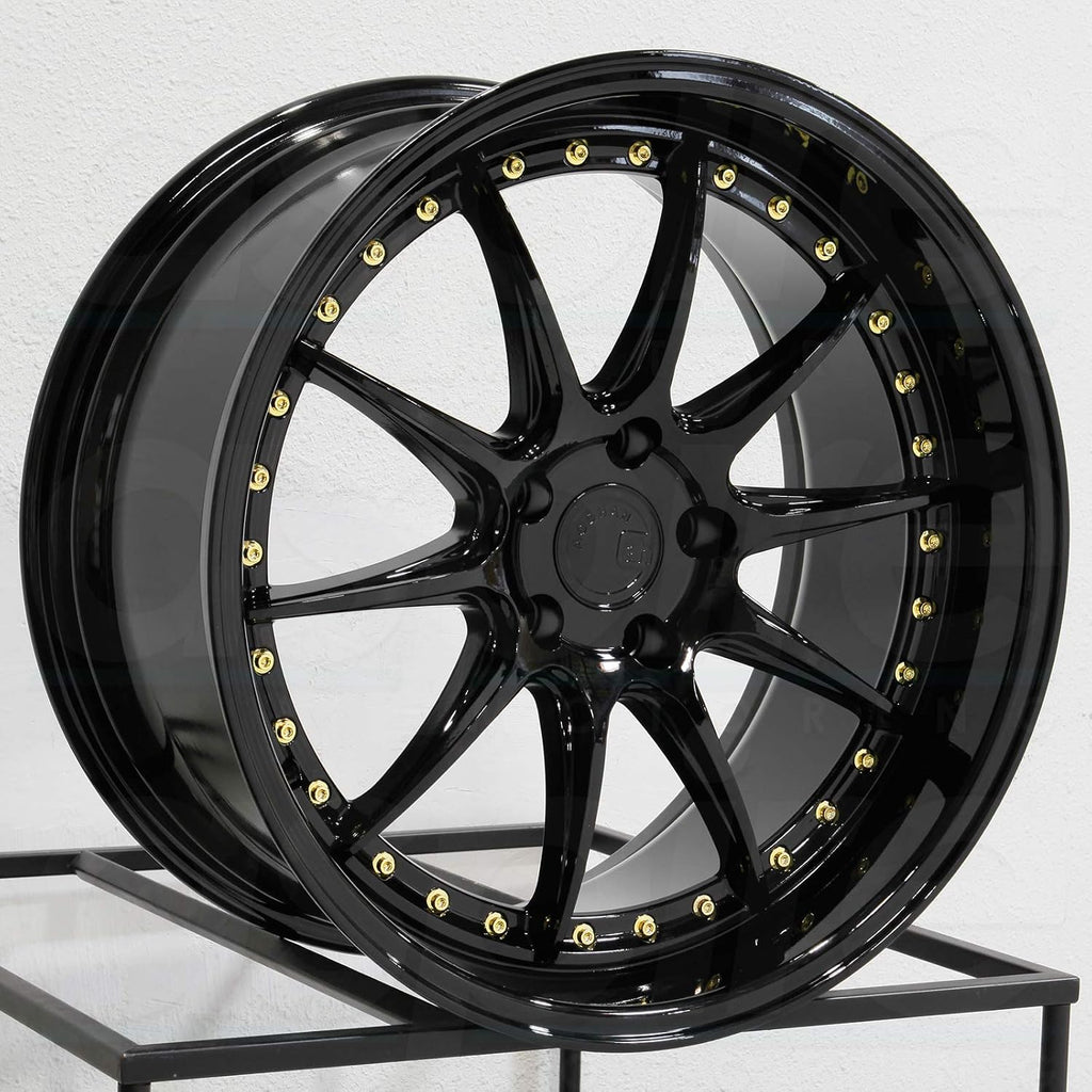 Aodhan DS-07 Custom Wheel - 18x10.5, 22 Offset, 5x114.3 Bolt Pattern, 73.1mm Hub - Gloss Black with Gold Rivets Rim