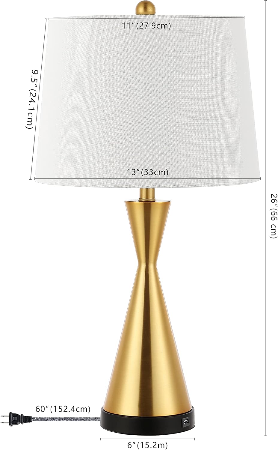 JONATHAN Y 26' Brass Gold Classic Iron LED Table Lamp with USB Port, Set of 2 for Bedroom, White Linen Shade, Farmhouse Midcentury Modern Bedside Nightstand Lamps, LED Bulbs (JYL4046B-SET2)