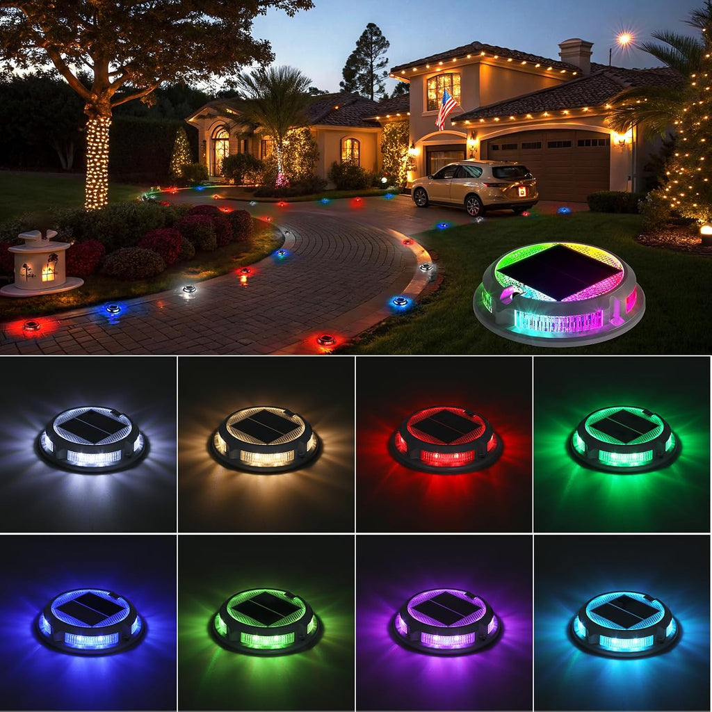 Solar Driveway Lights Outdoor 16 Pack, RGB Colors Solar Deck Dock Lights Outdoor Waterproof IP68, 3 Dynamic Light Modes Driveway Marker for Warning Stair, Boat Dock, Step, Walkway, Patio Decor