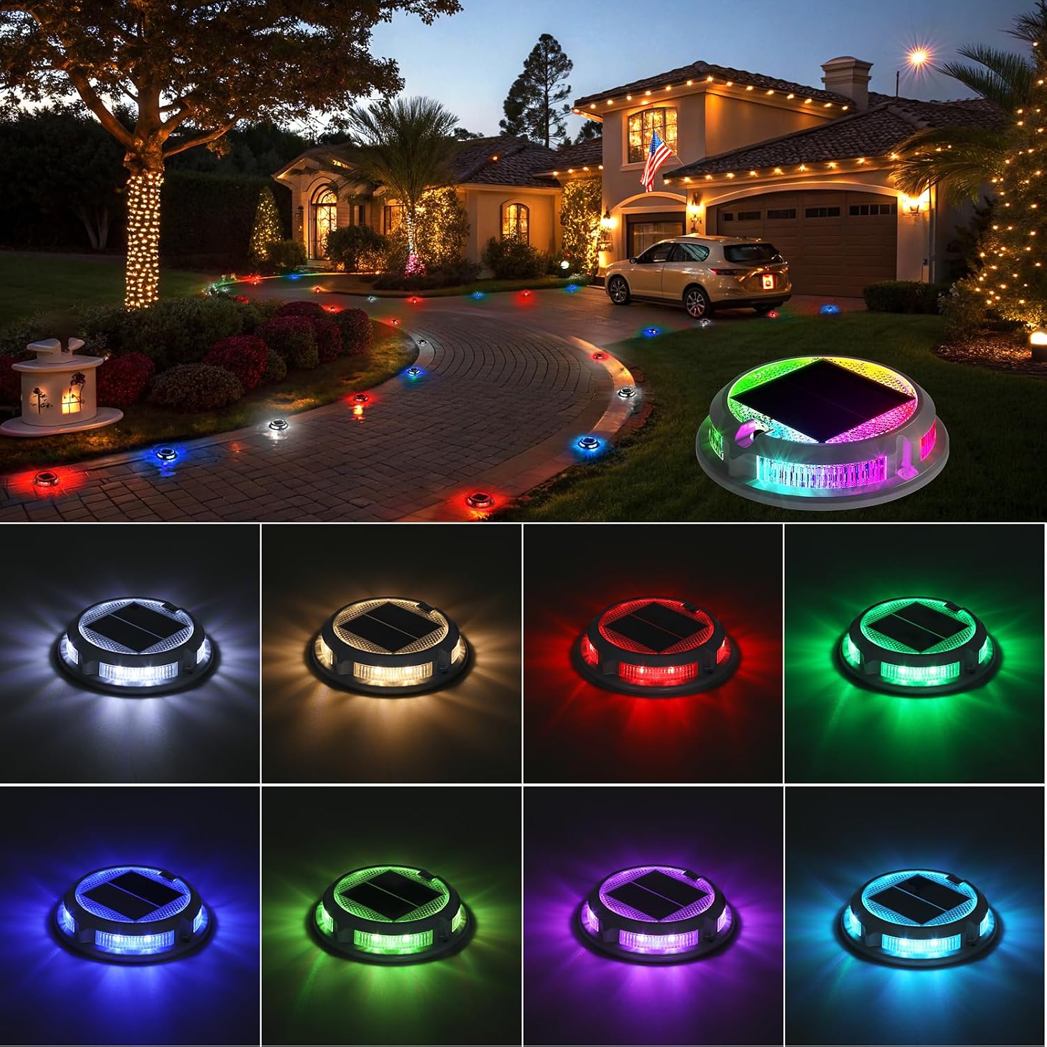 Solar Driveway Lights Outdoor 16 Pack, RGB Colors Solar Deck Dock Lights Outdoor Waterproof IP68, 3 Dynamic Light Modes Driveway Marker for Warning Stair, Boat Dock, Step, Walkway, Patio Decor
