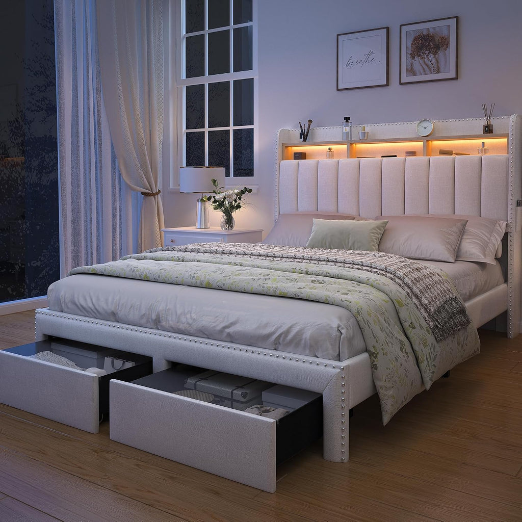 SIBEDS Full LED Bed Frame with 2 Drawers, Upholstered Platform Bed with 2 Tier Storage Wingback Headboard, Linen Channel Tufted Bedframe with Rivet Decor, No Box Spring Needed, Natural