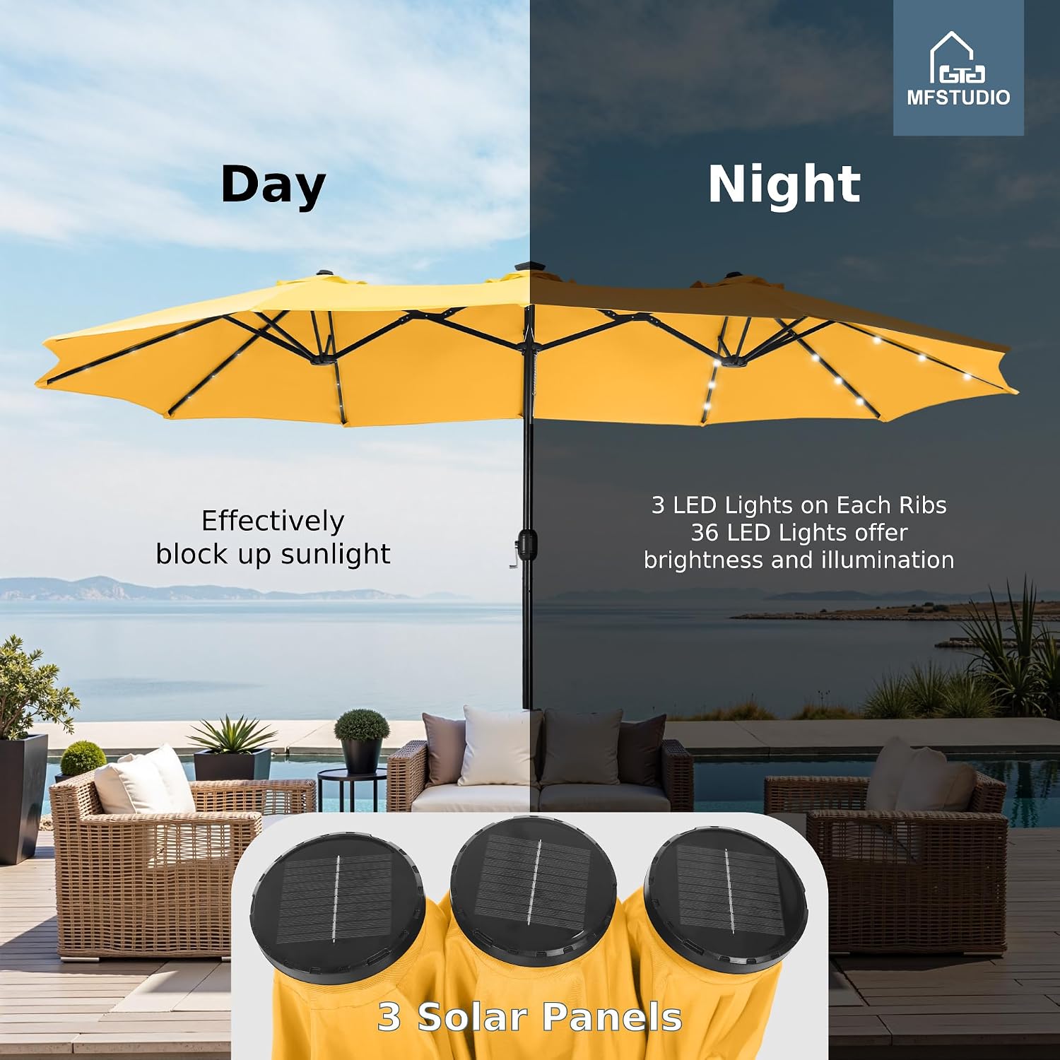 MFSTUDIO 15ft Double Sided Patio Umbrella with Solar Lights, Outdoor Large Umbrellas with Crank Handle and 36 LED Lights, Rectangular Market Umbrella with Base Included for Deck Pool, Gold Yellow
