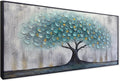 Teal Blue Tree of Life Canvas Wall Art for Living Room, Hand Painted Modern Abstract Textured Painting, Large Framed Panoramic Landscape wall art for Living Room, Bedroom, Office, Home Decor 48'x24'