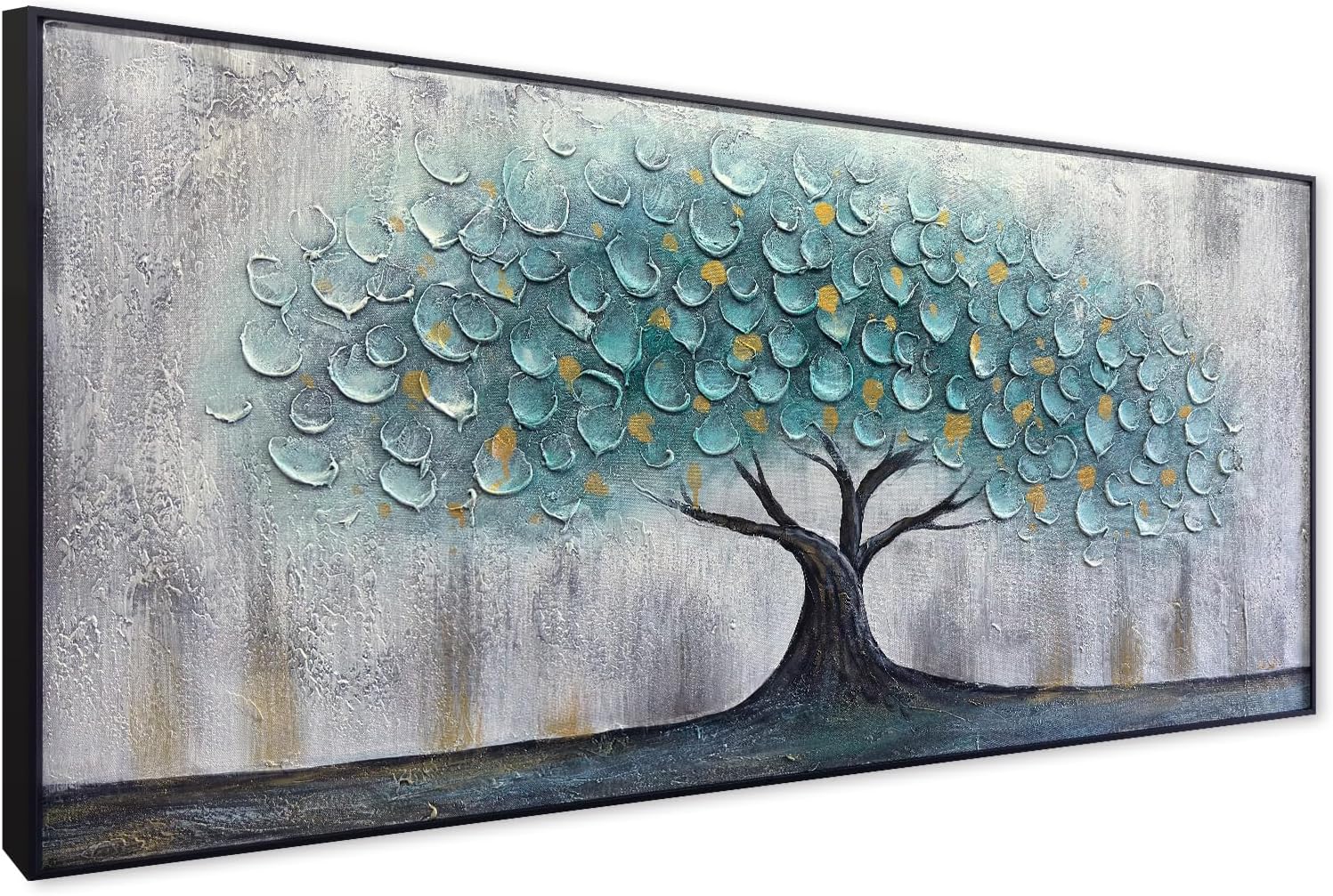 Teal Blue Tree of Life Canvas Wall Art for Living Room, Hand Painted Modern Abstract Textured Painting, Large Framed Panoramic Landscape wall art for Living Room, Bedroom, Office, Home Decor 48'x24'