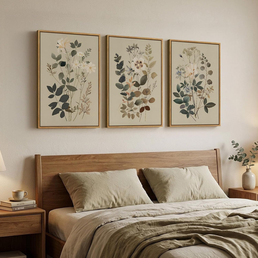 Framed Vintage Botanical Wall Art for Living Room, 3 Piece Neutral Floral Canvas Artwork for Modern Farmhouse Walls, Rustic Green Flower Painting Prints for Bedroom Office Kitchen Wall Decor, 20x30