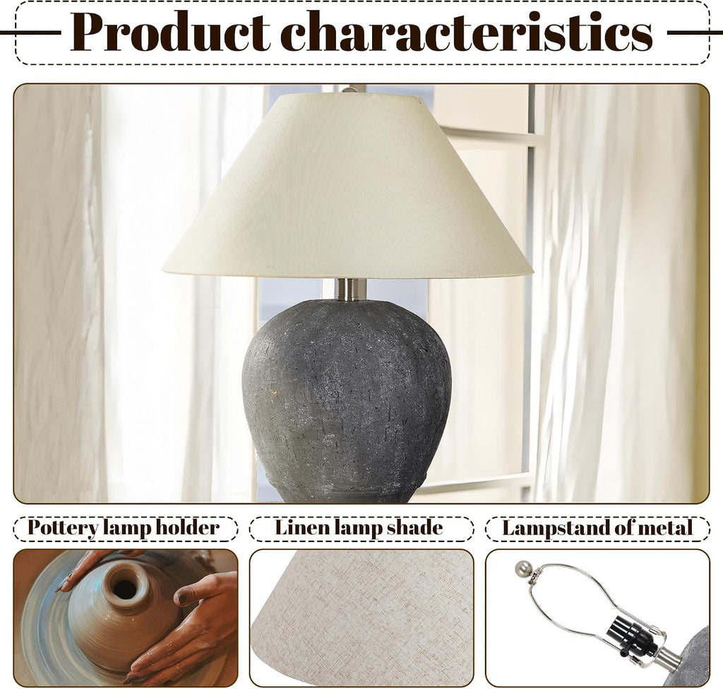 Pia Ricco 21'' Large Gray Base Ceramic Basin Table Lamp Set of 2 for Bedroom, Living Room, Dining Room, Office, White Shade
