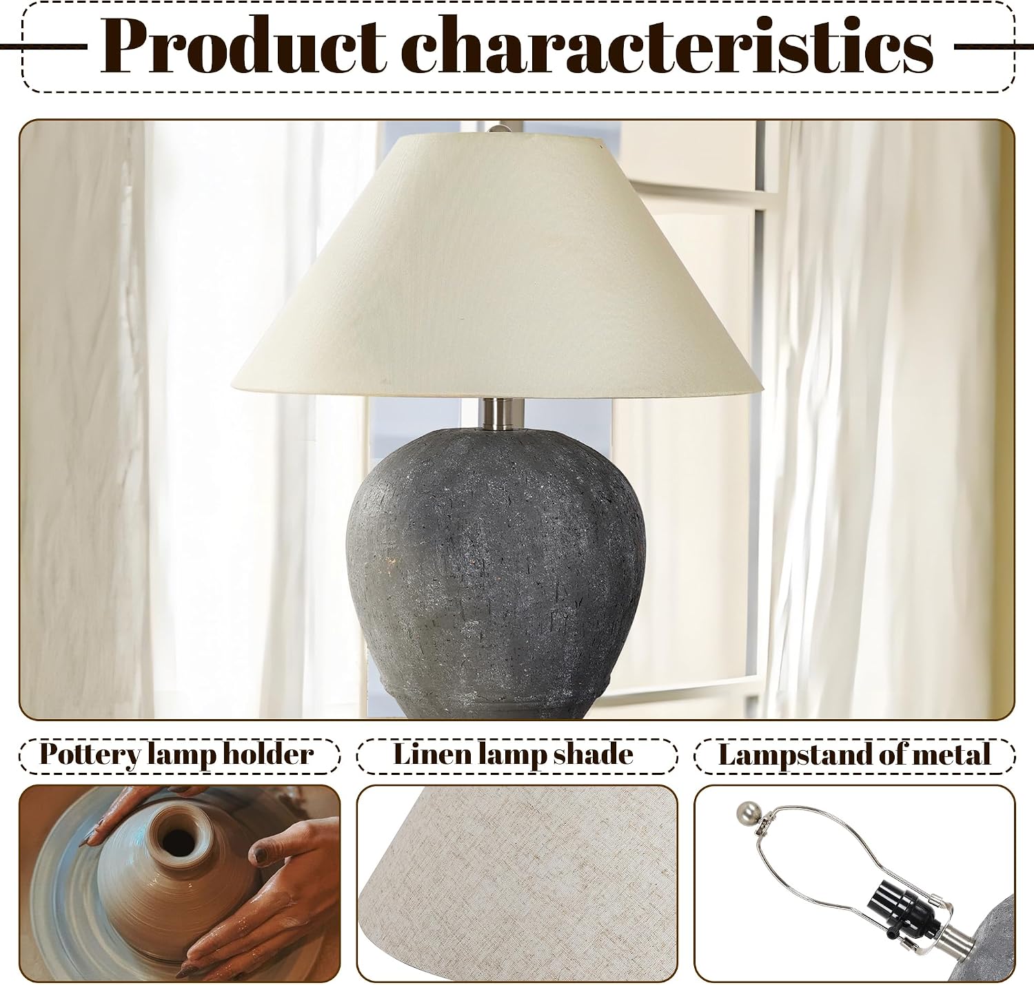 Pia Ricco 21'' Large Gray Base Ceramic Basin Table Lamp Set of 2 for Bedroom, Living Room, Dining Room, Office, White Shade