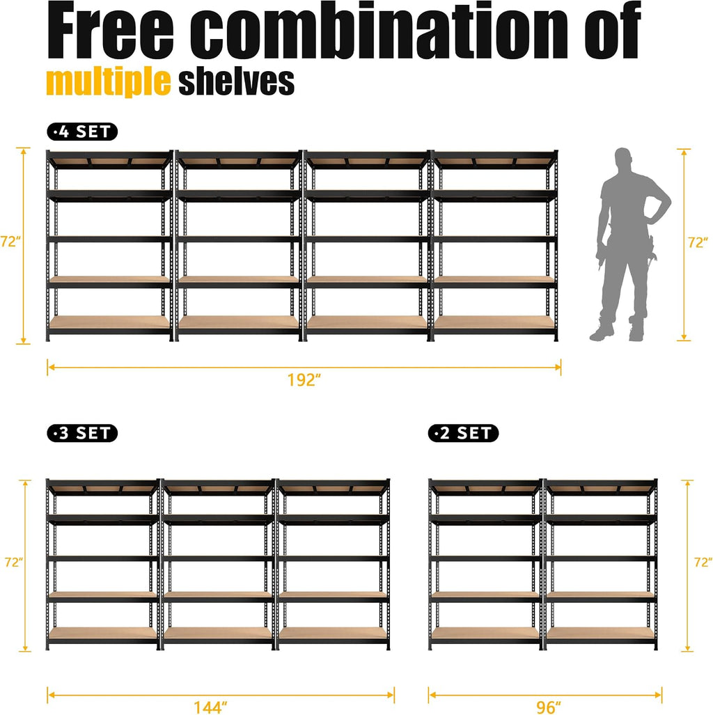 PrimeZone 2 Pack Storage Shelves 48' x 24' x 72' - 5 Tier Heavy Duty Adjustable Garage Storage Shelving, Metal Storage Utility Rack Shelf Unit for Warehouse Pantry Closet Kitchen, Black