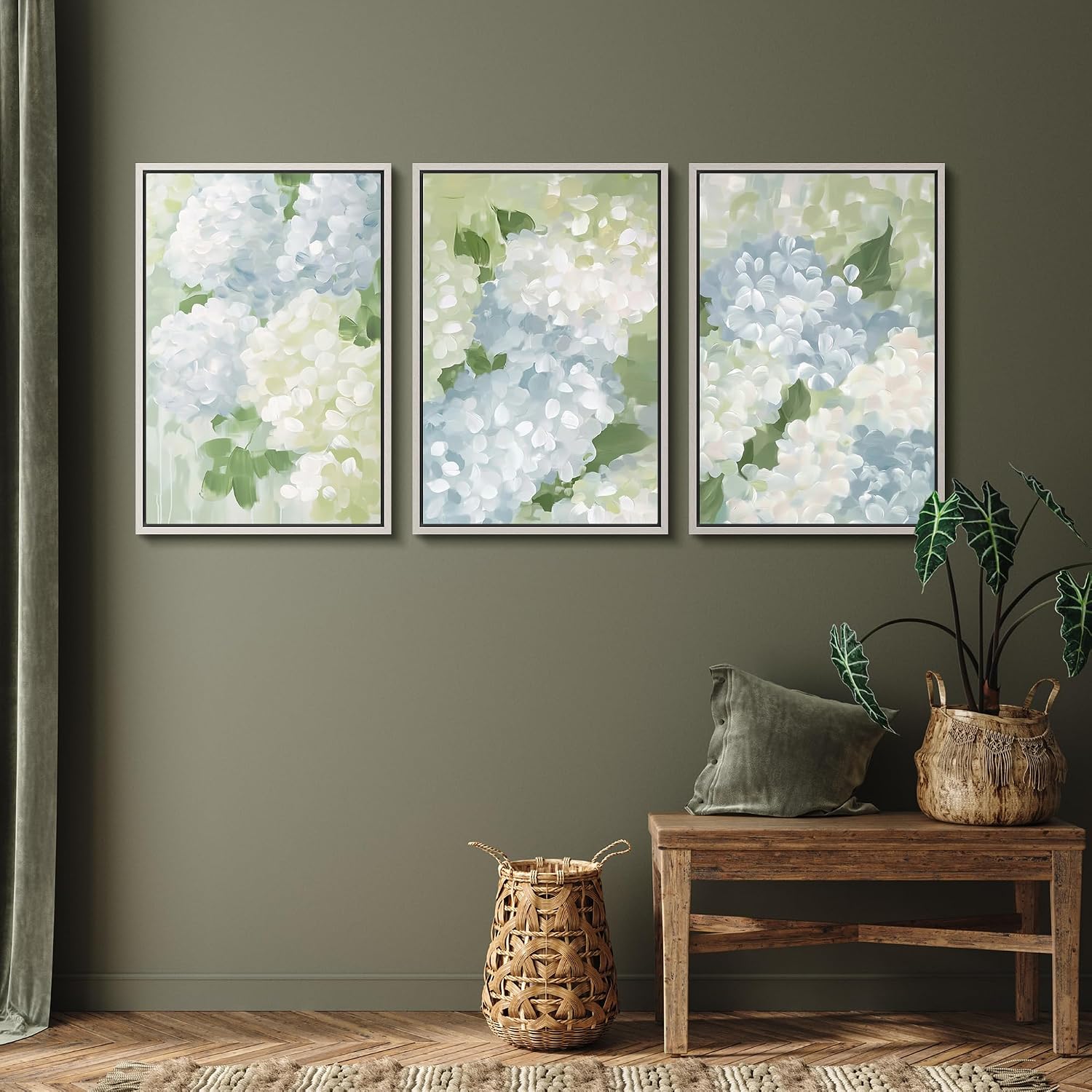 SIGNFORD Framed Canvas Print Wall Art Set Soft Hydrangea Floral Subtle Blue and Green Hues Illustrations Modern Art Relax/Calm for Living Room, Bedroom, Office - 24'x36'x3 White