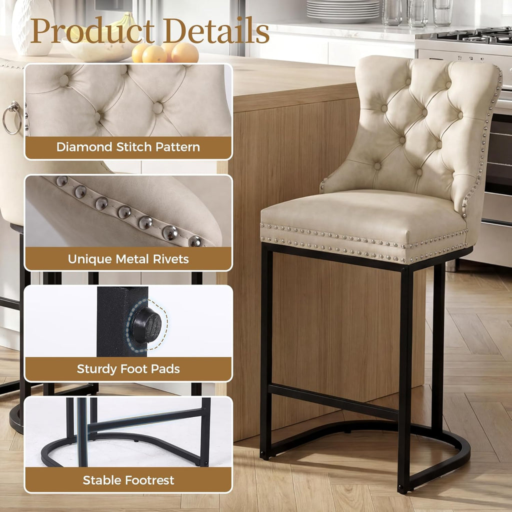 AQO 26 Inch Bar Stools Set of 3, Modern Counter Height Bar Stools with Backs, Upholstered Faux Leather Counter Stools for Kitchen Island, Beige