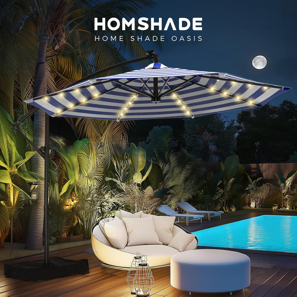 HOMSHADE 10ft Solar Lights Offset Cantilever Patio Umbrella - with Light and Base, LED Offset Patio Outdoor Umbrella UPF50+ UV Protection with Easy Tilt and Crank (Navy&White Stripes)