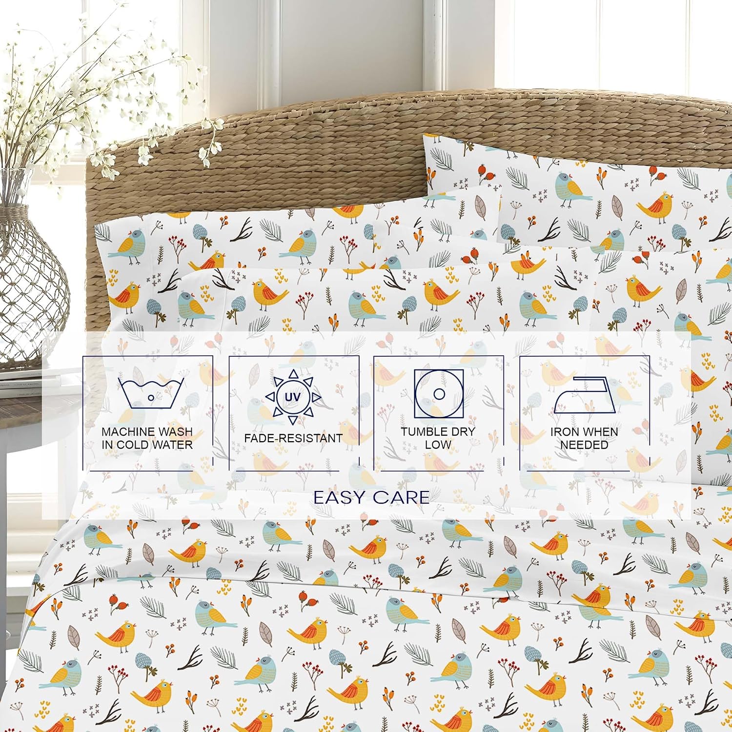 Kotton Culture Bed Sheets 4 Piece 100% Egyptian Cotton 600 Thread Count Soft Crisp Cooling Cotton Luxury Hotel Sheets Thick with 16' Inch Deep Pocket Snug Fit Sateen Weave(Forest Birds,Alaskan King)