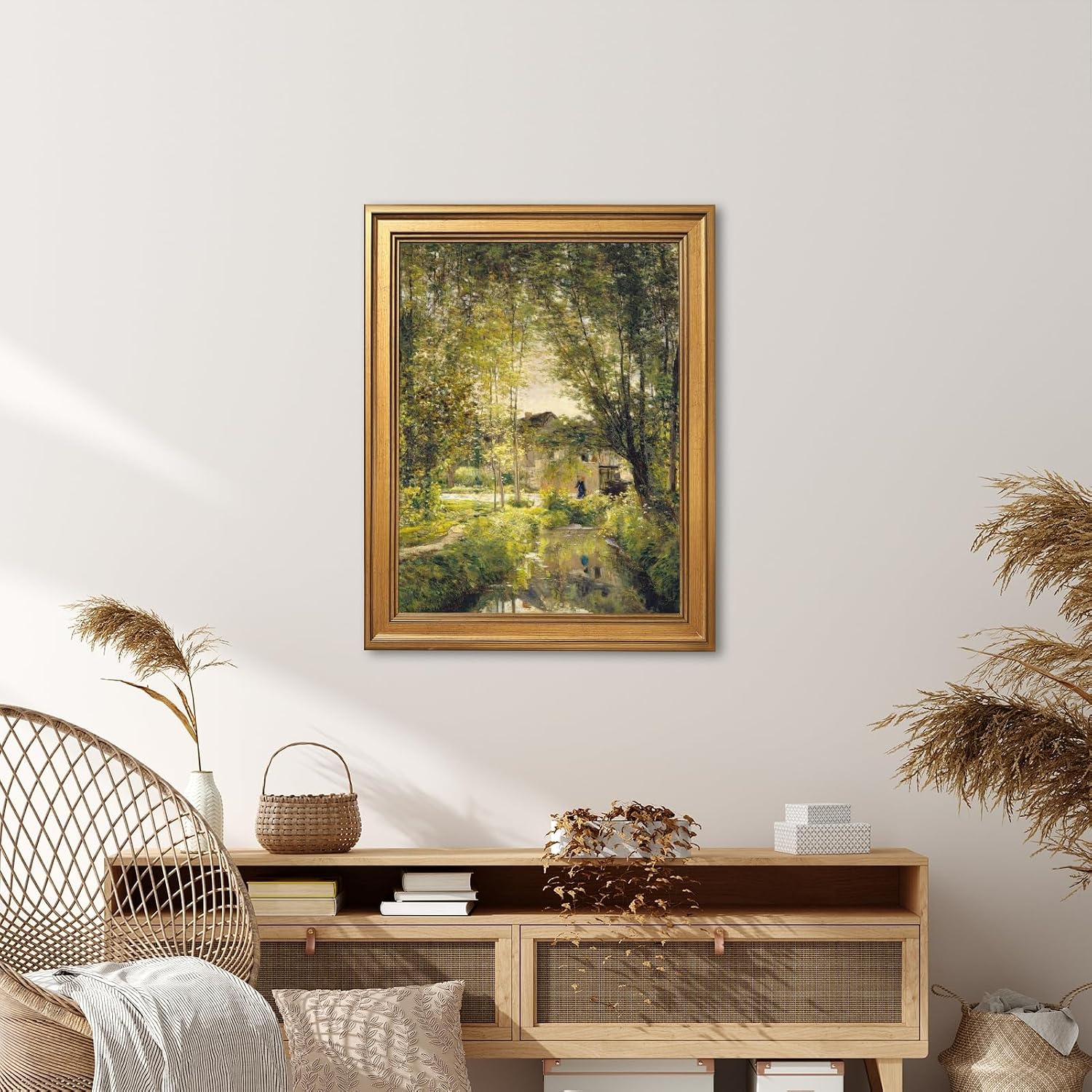 Gold Framed Vintage Wall Art Decor River Landscape Canvas Print Cottage Painting Rural Farmhouse Decor Tranquil Nature Scenery Picture Poster for Living Room Bedroom Office 24X36inch