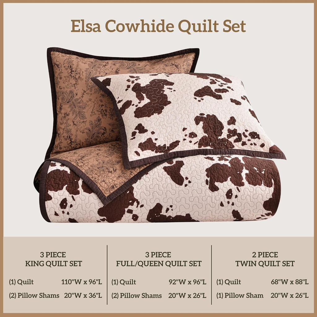 Paseo Road Elsa King Cotton Quilt Set, 3 Piece Western Bedding Set with Pillow Shams, Brown Cow Print Reversible Quilt, Soft Cozy Rustic Farmhouse Bedding, Lightweight Quilt, Southwestern Bedding
