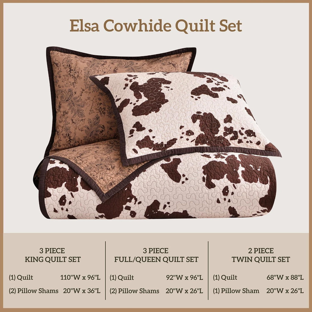 Paseo Road Elsa Queen Cotton Quilt Set, 3 Piece Western Bedding Set with Pillow Shams, Brown Cow Print Reversible Quilt, Soft Cozy Rustic Farmhouse Bedding, Lightweight Quilt, Southwestern Bedding
