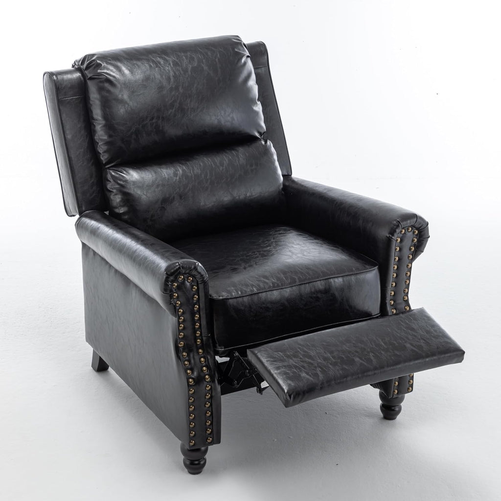 Pushback Recliner Chair, PU Leather Armchair Push Back Accent Chair for Living Room, Rivet Trim Club Chair Home Theater Overstuffed Single Sofa Bedroom Reading Seat - Black