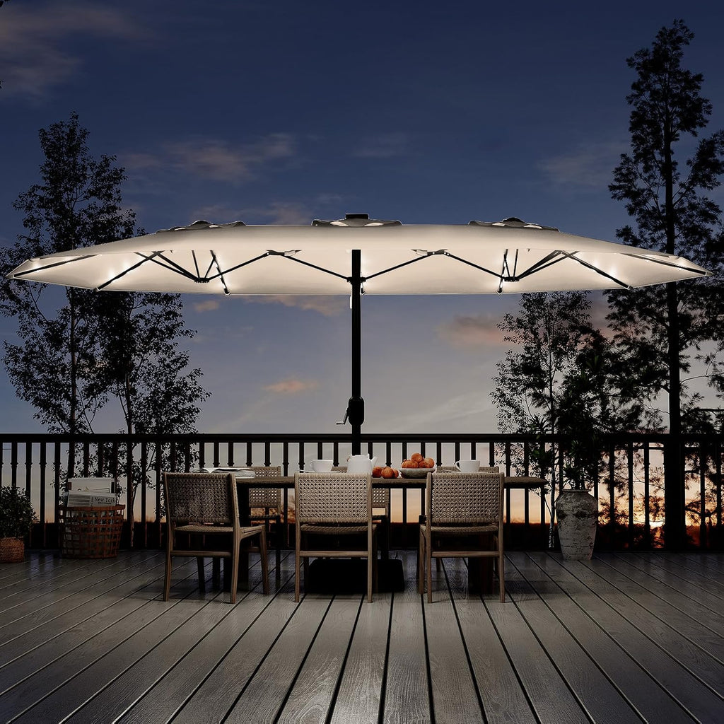 Garvee 15 ft Rectangular Patio Umbrella with Solar Lights & Base Included - Large Patio Umbrella with Crank Handle, UV Protection for Outdoor Market, Backyard, Pool - Beige