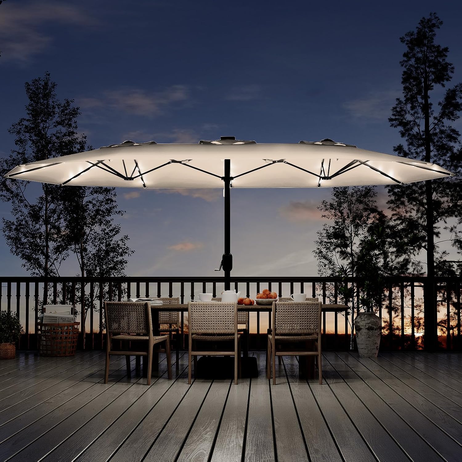 Garvee 15 ft Rectangular Patio Umbrella with Solar Lights & Base Included - Large Patio Umbrella with Crank Handle, UV Protection for Outdoor Market, Backyard, Pool - Beige