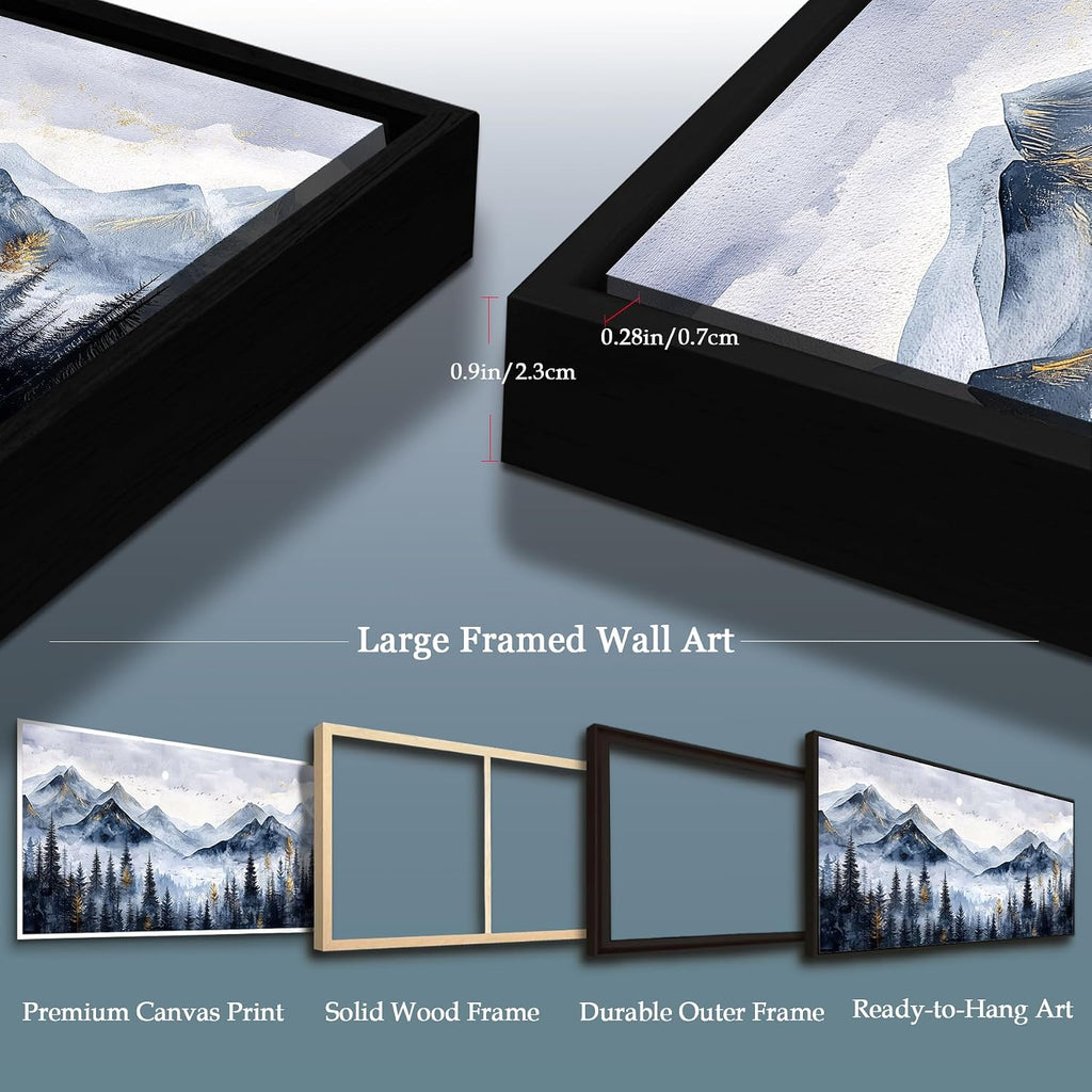 SERIMINO Extra Large Framed Mountain Forest Wall Art, 32'x71', Misty Pine Tree Watercolor in Blue Gold, Nature Scenery Canvas Wall Decor for Living Room, Bedroom, Office Decor