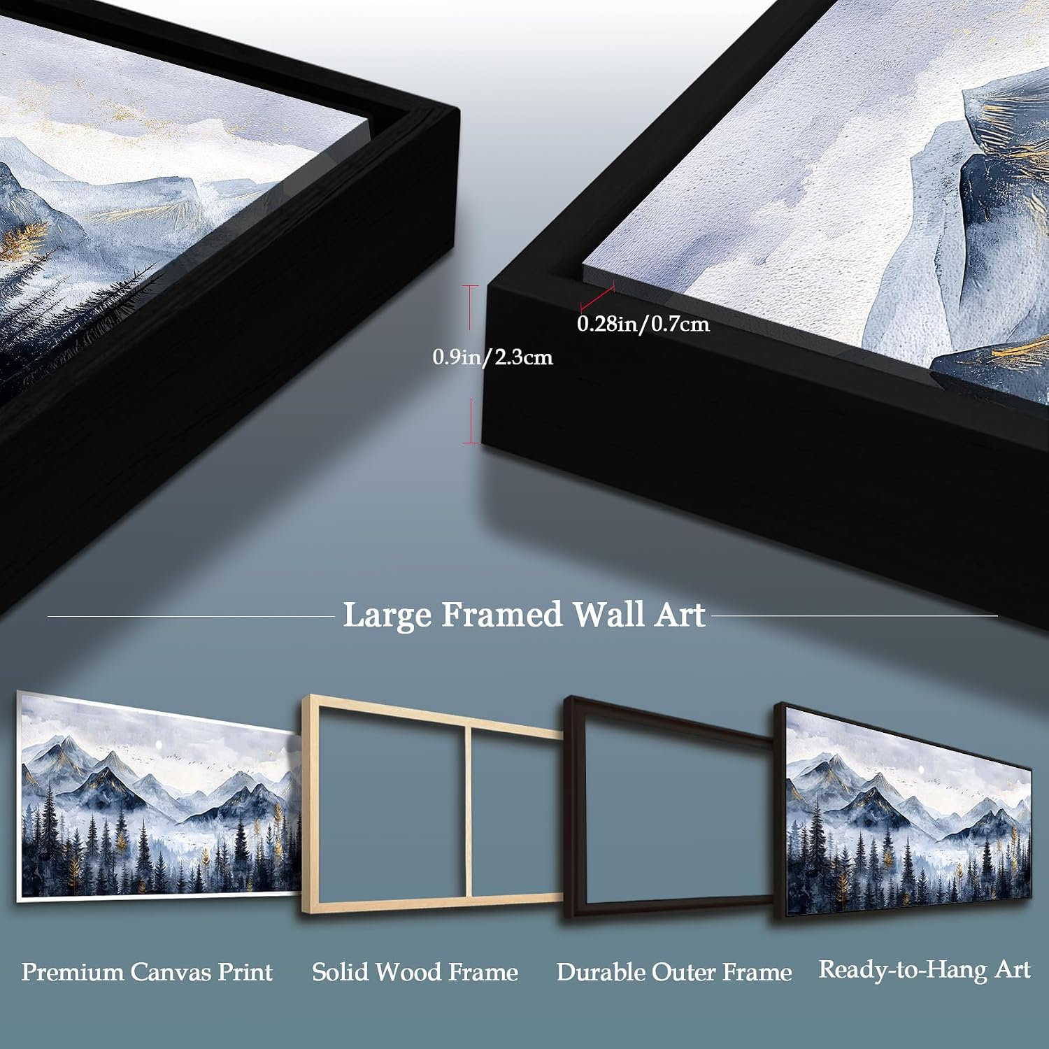 SERIMINO Extra Large Framed Mountain Forest Wall Art, 32'x71', Misty Pine Tree Watercolor in Blue Gold, Nature Scenery Canvas Wall Decor for Living Room, Bedroom, Office Decor