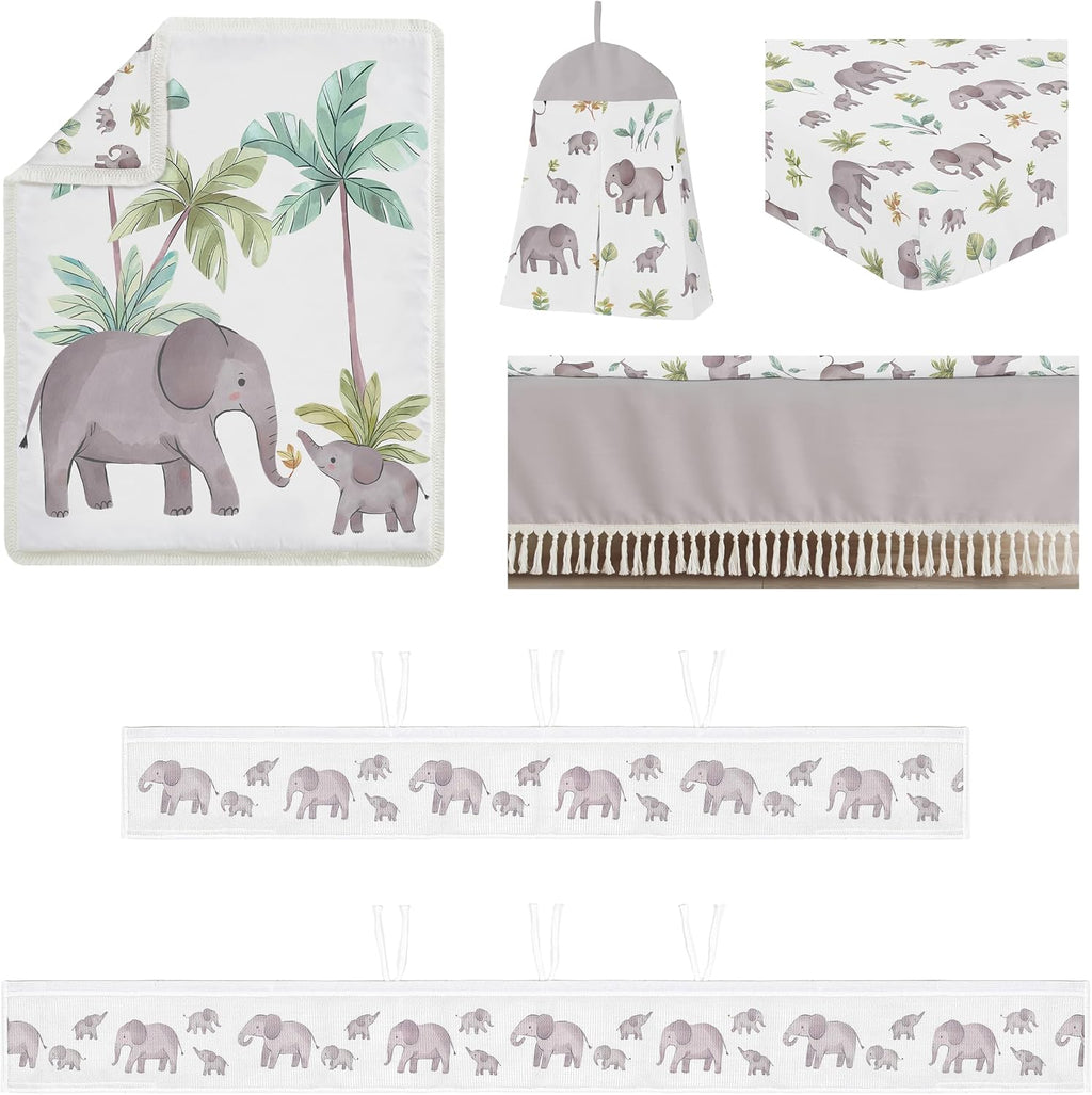 Sweet Jojo Designs Watercolor Elephants Boy Girl Unisex/Gender Neutral Baby Crib Bedding Set Infant Nursery Room BreathableBaby Breathable Mesh Crib Liner Blanket Fitted Sheet Skirt 6pc Jungle Safari
